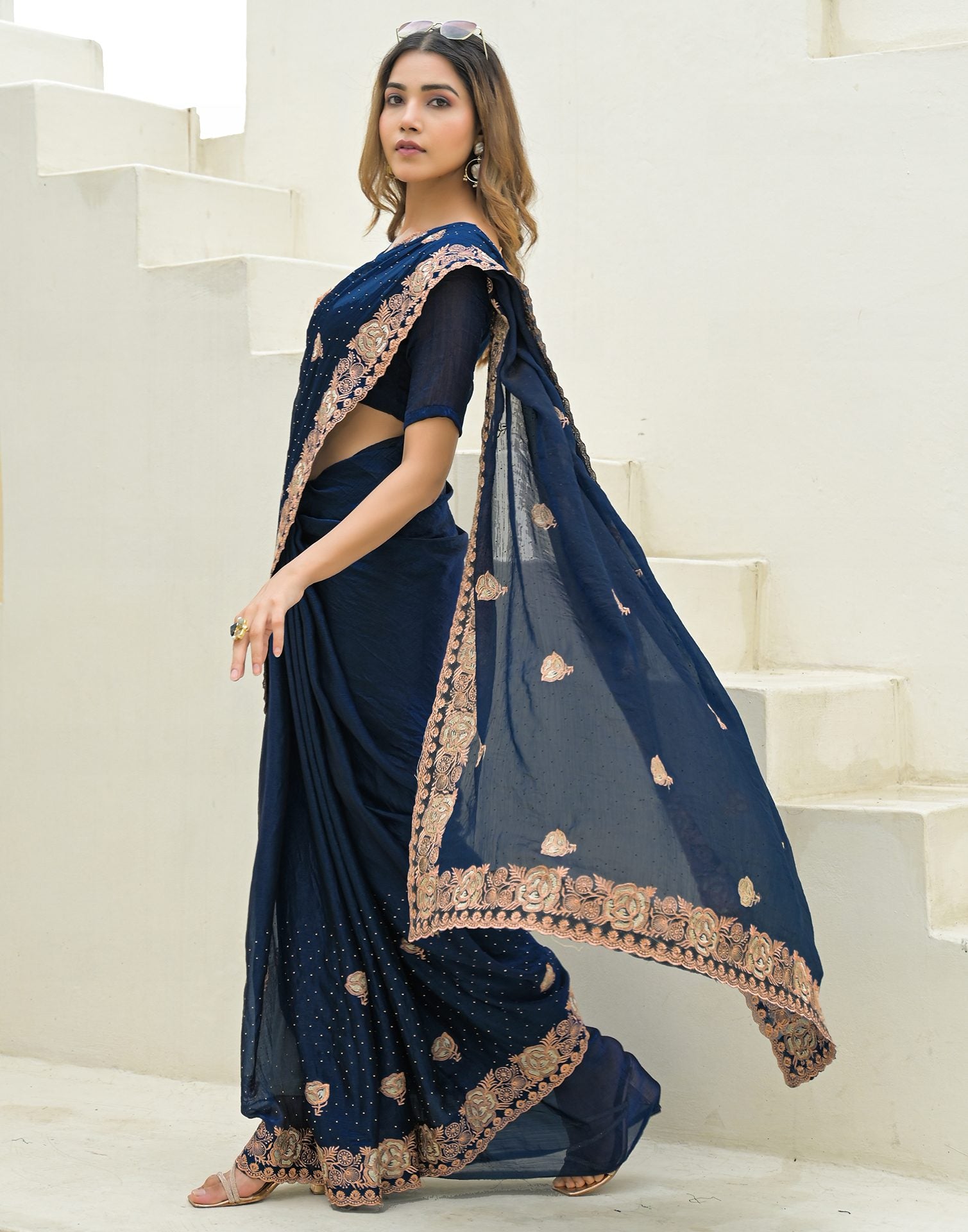 Peacock Blue Shimmer Embroidery Swarovski Saree