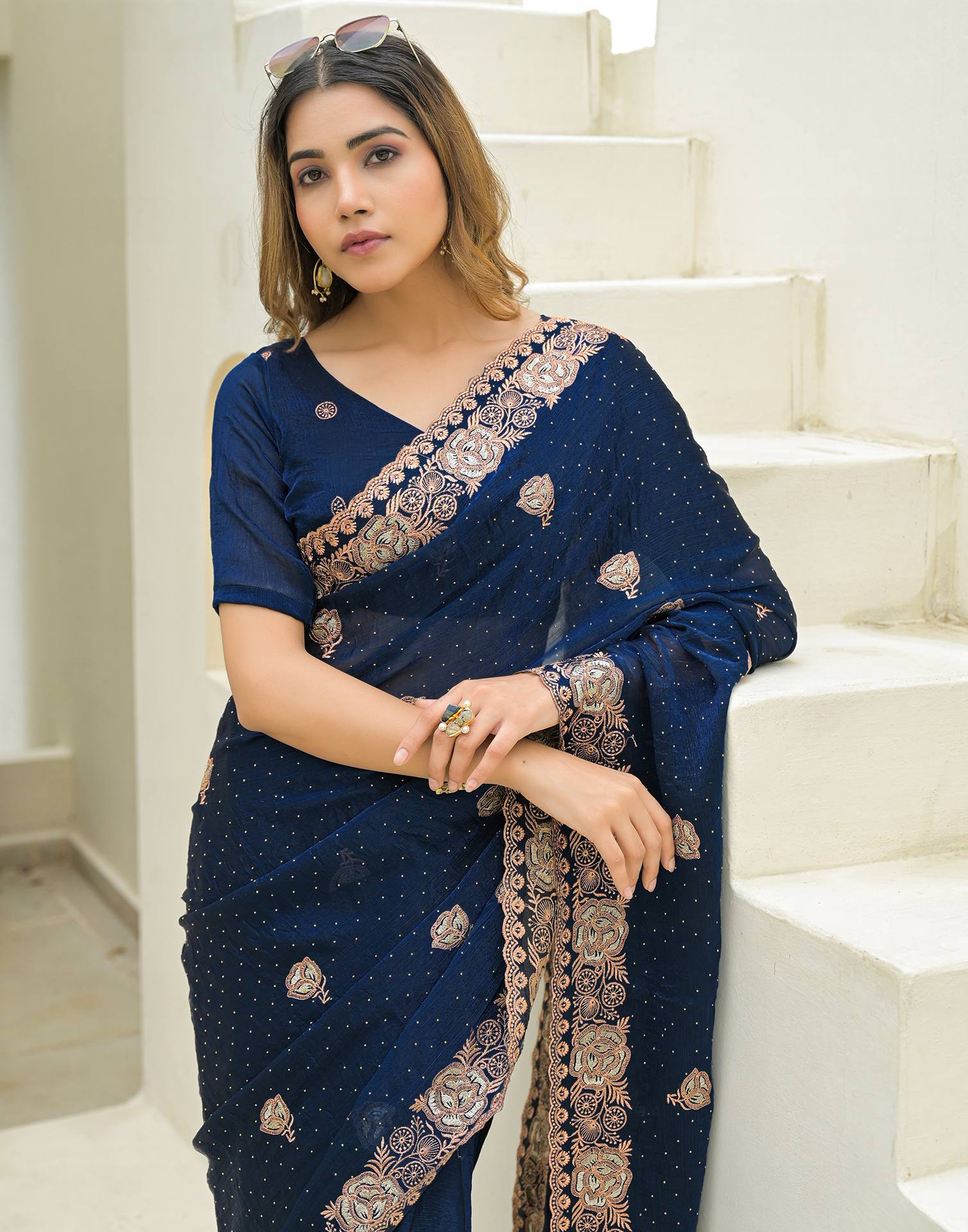 Peacock Blue Shimmer Embroidery Swarovski Saree