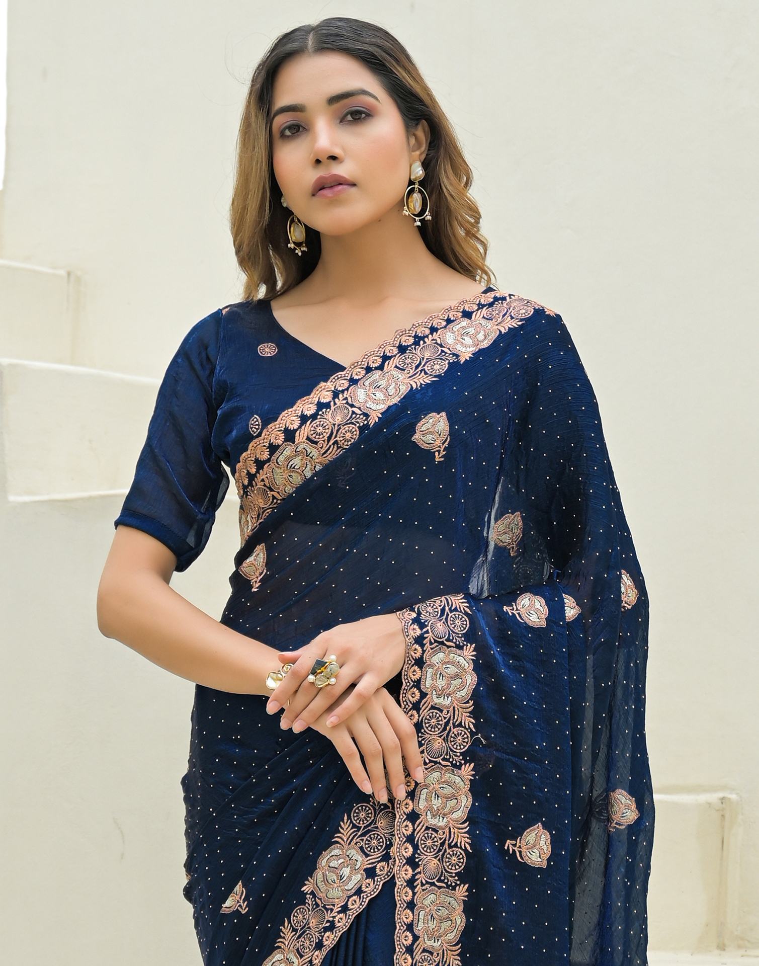 Peacock Blue Shimmer Embroidery Swarovski Saree