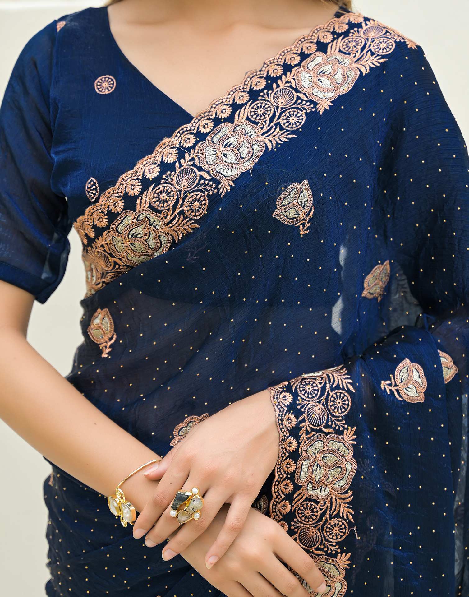 Peacock Blue Shimmer Embroidery Swarovski Saree