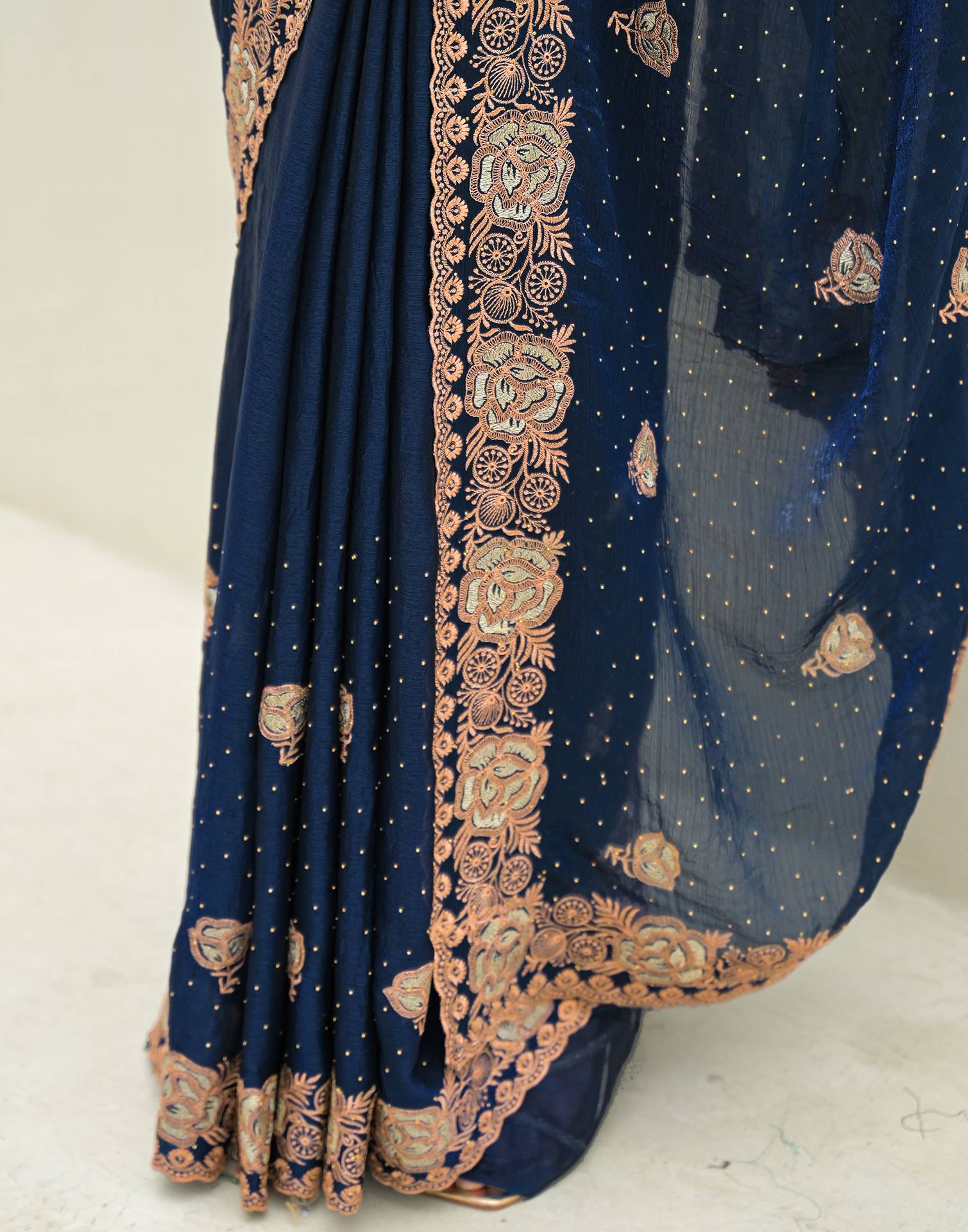 Peacock Blue Shimmer Embroidery Swarovski Saree