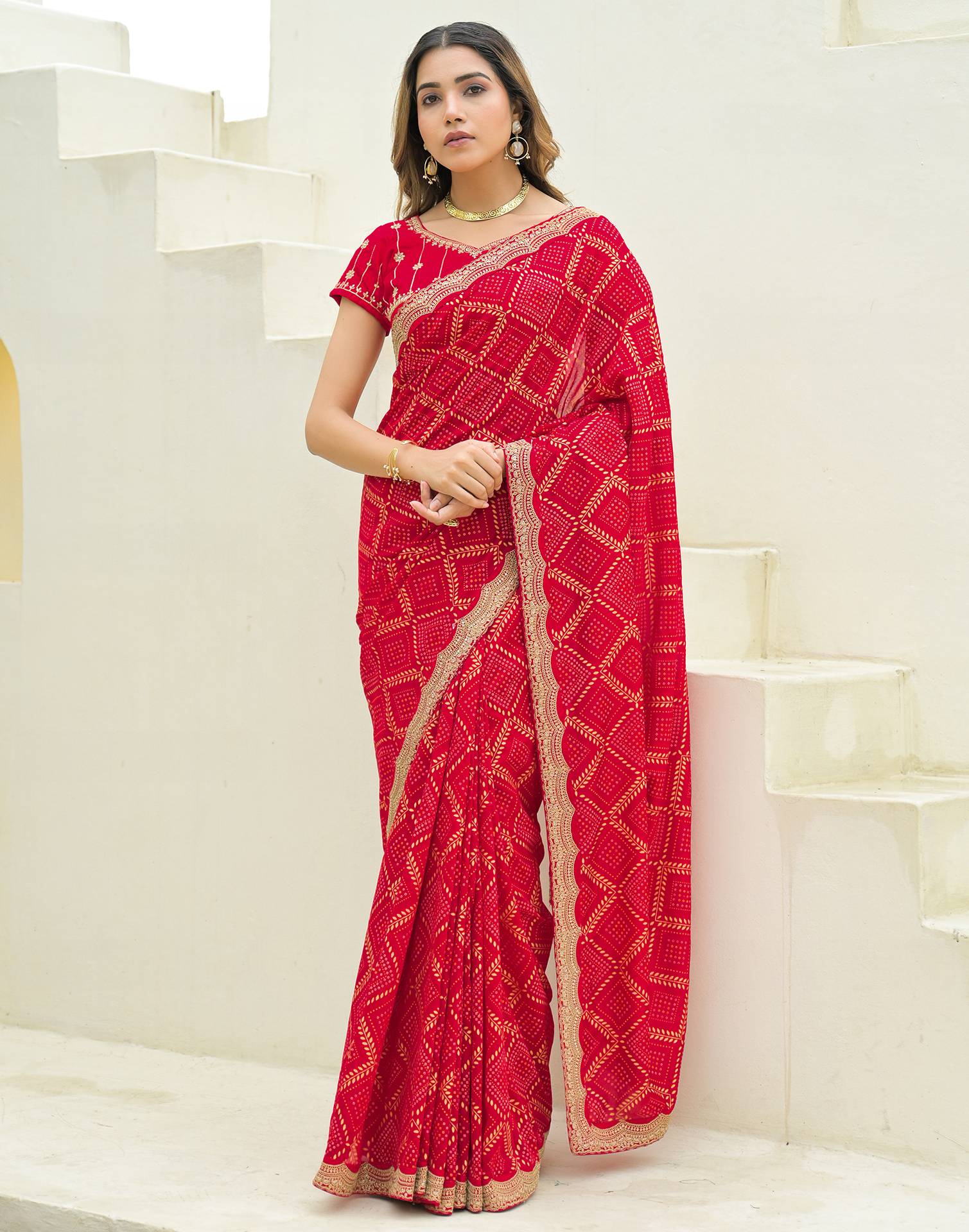 Red Silk Printed Bandhani Saree