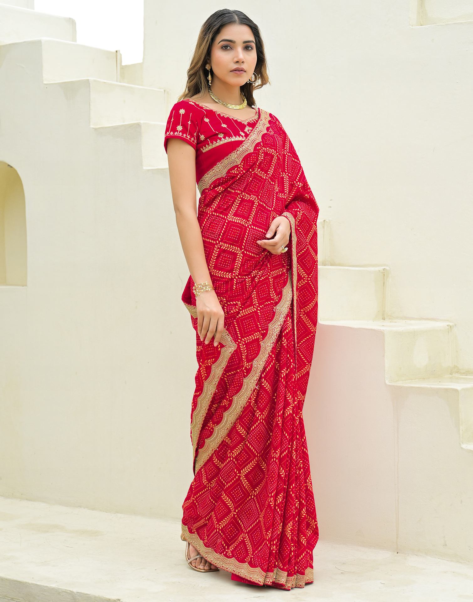 Red Silk Printed Bandhani Saree