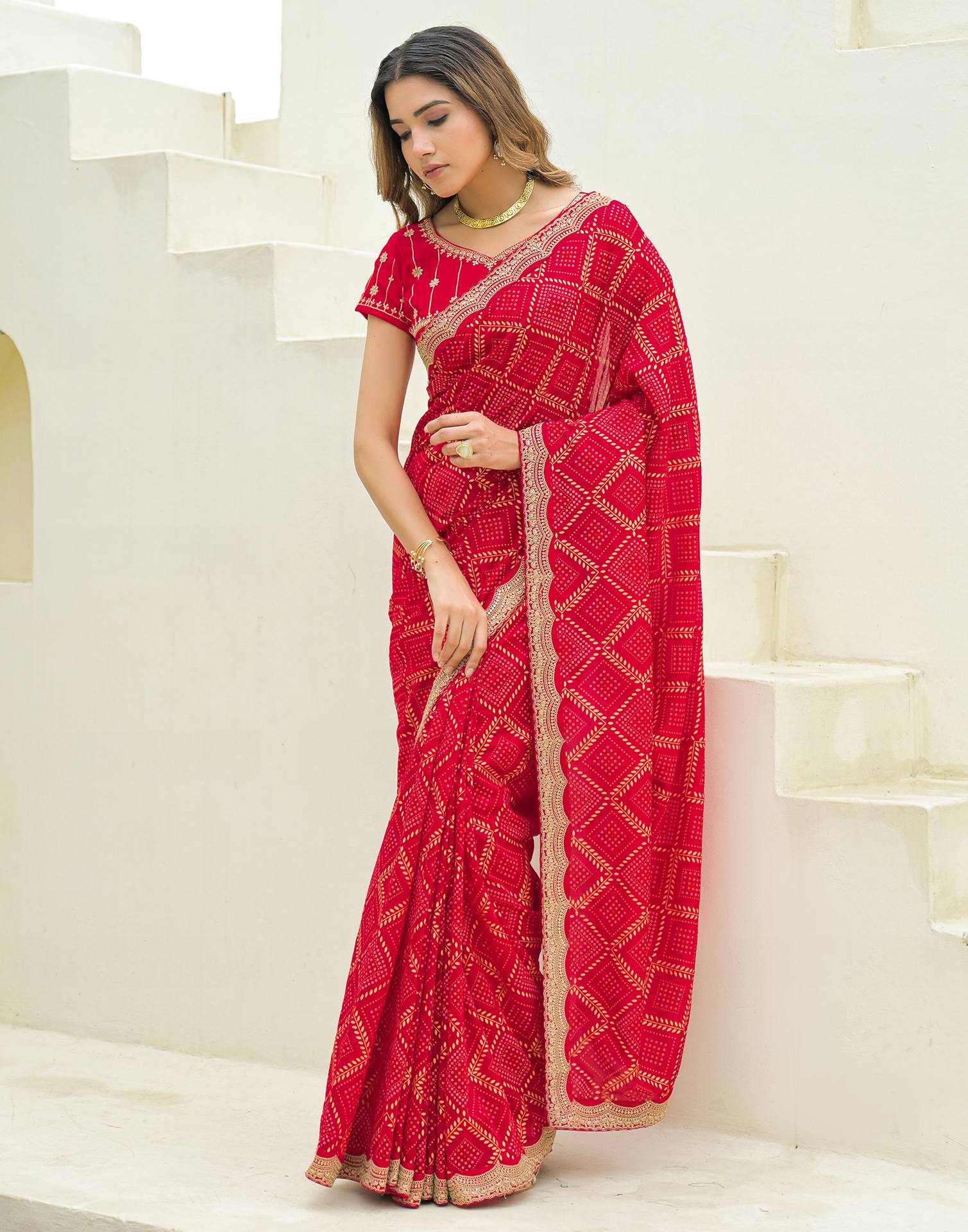 Red Silk Printed Bandhani Saree
