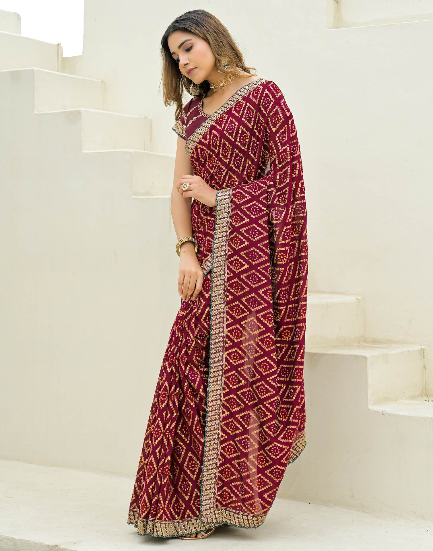 Maroon Silk Printed Bandhani Saree