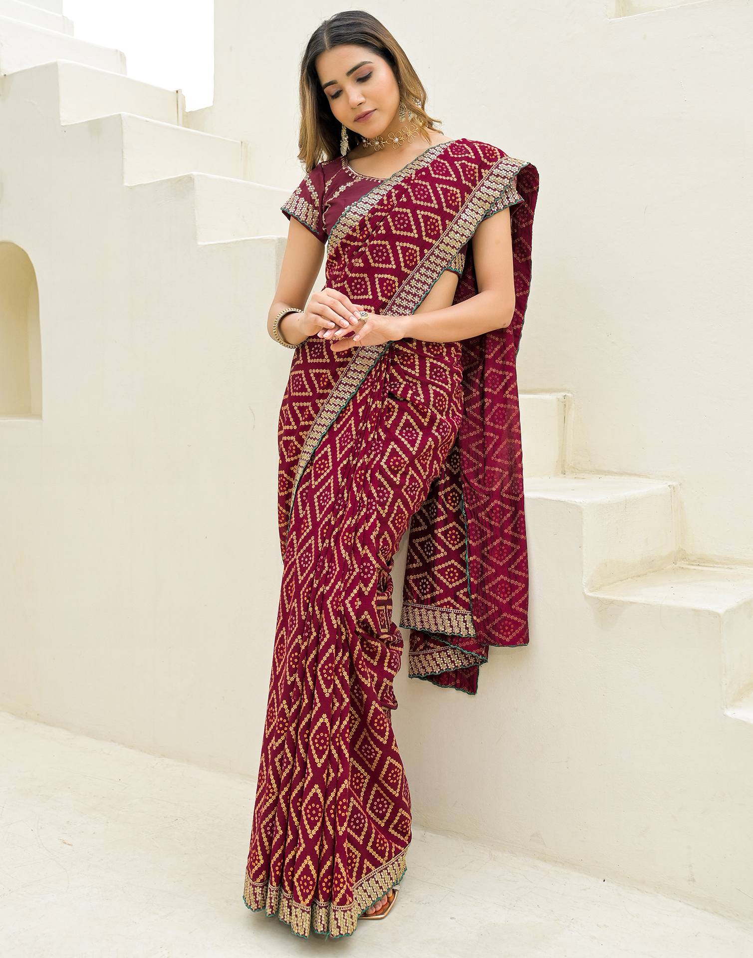 Maroon Silk Printed Bandhani Saree