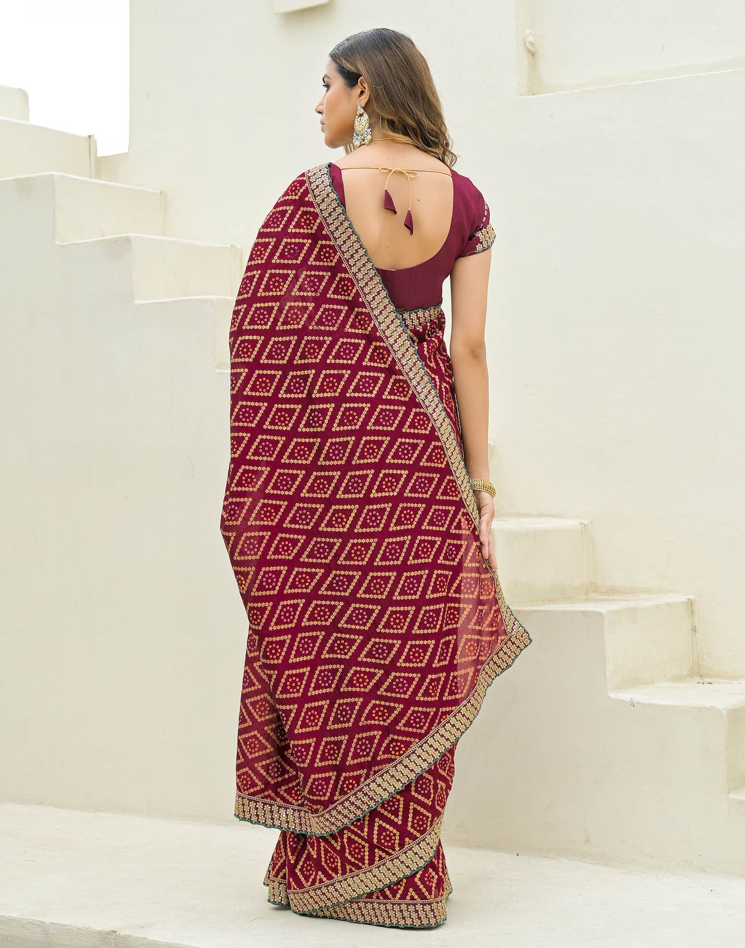 Maroon Silk Printed Bandhani Saree