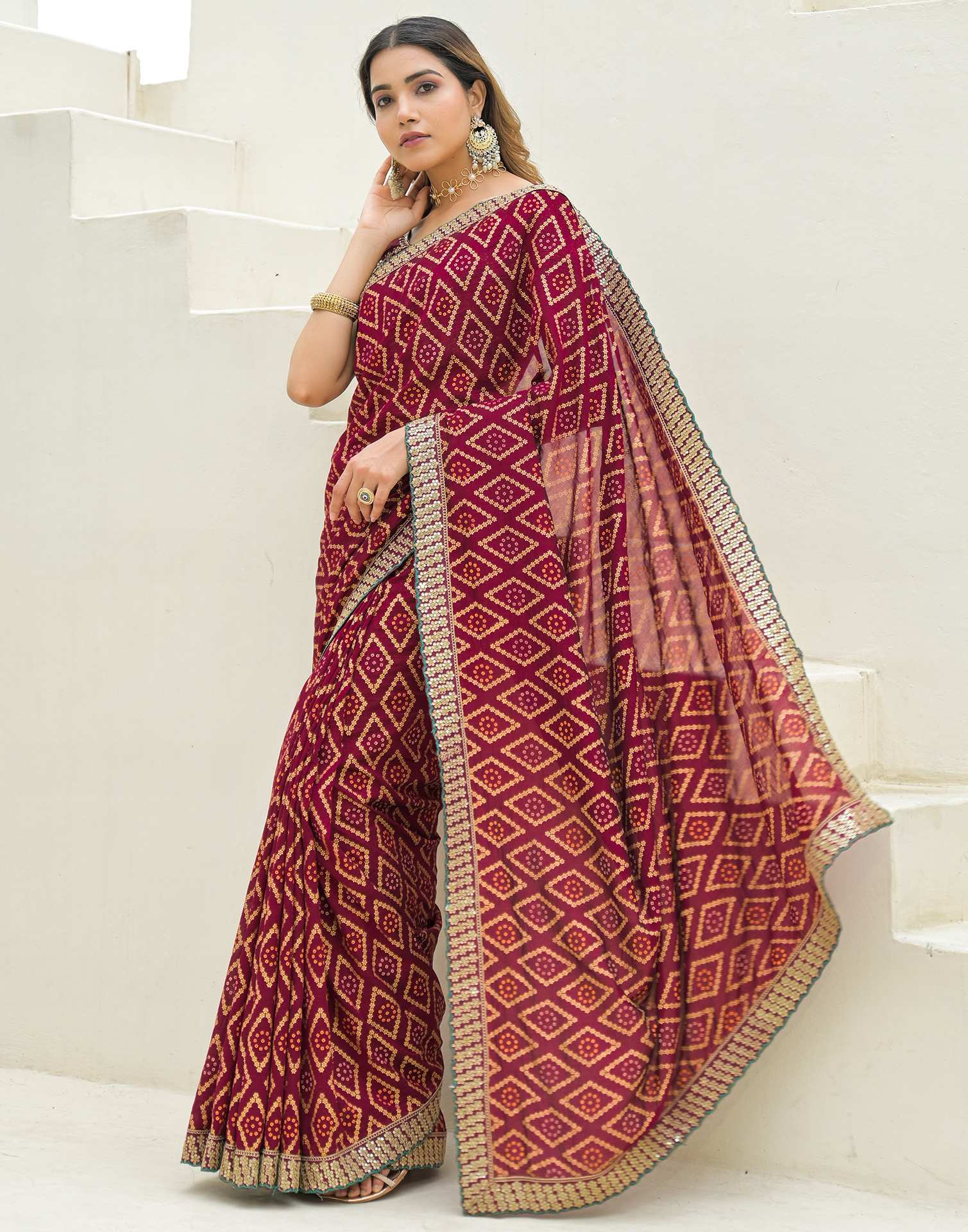 Maroon Silk Printed Bandhani Saree
