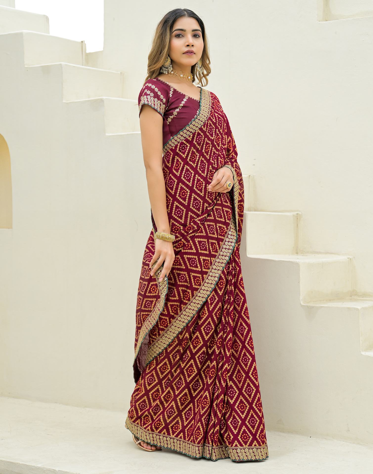 Maroon Silk Printed Bandhani Saree
