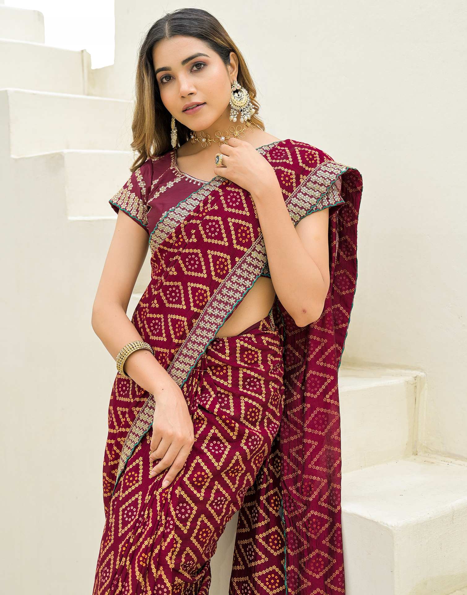 Maroon Silk Printed Bandhani Saree