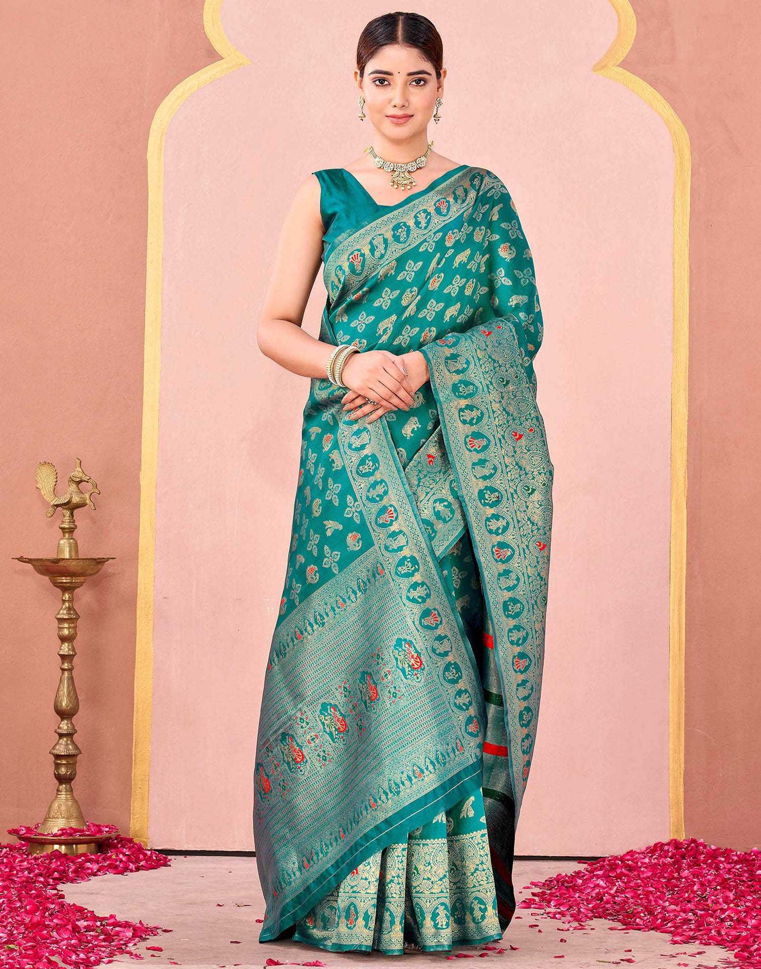 Teal Green Silk Woven Banarasi Saree