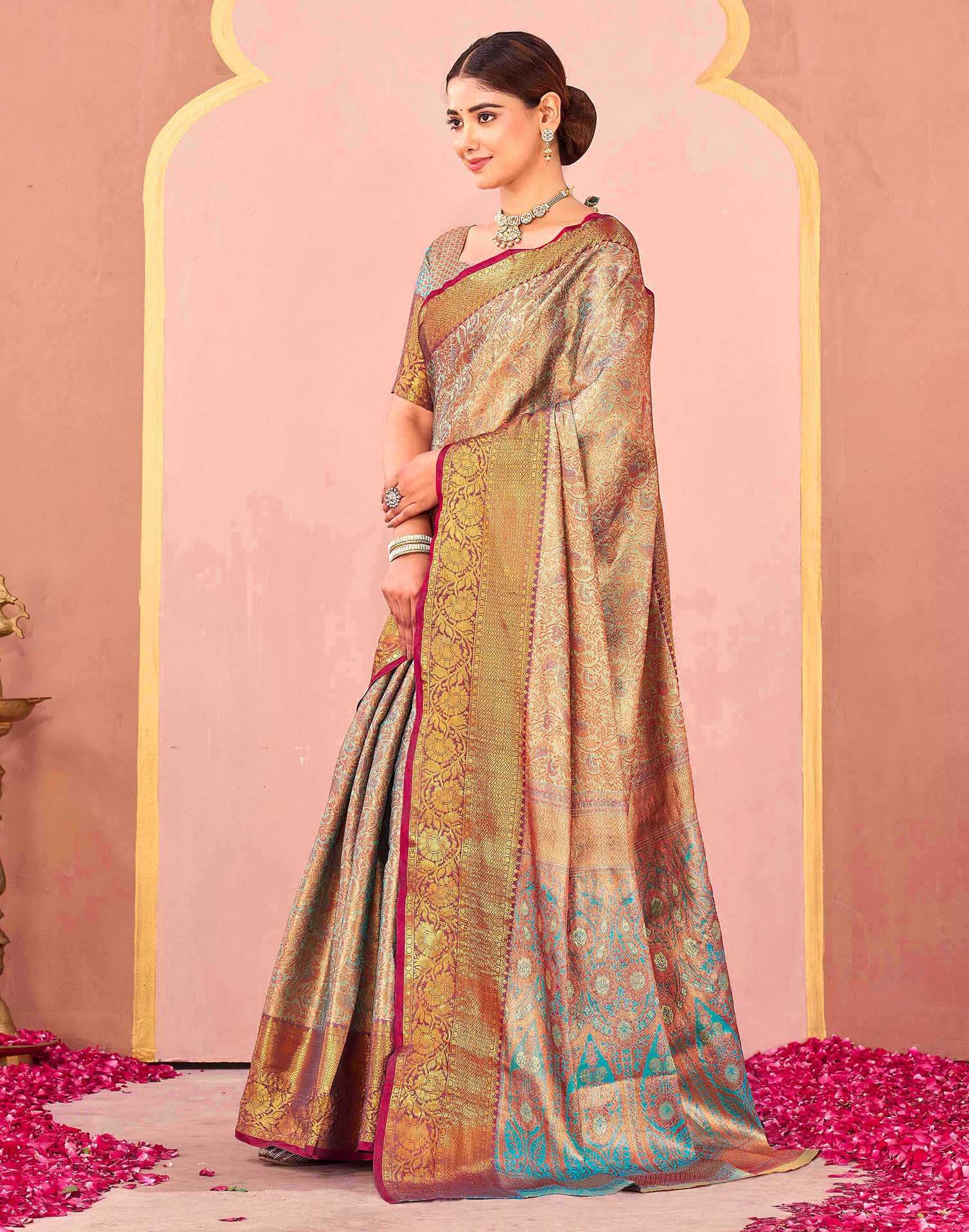 Turquoise Blue Silk Woven Kanjivaram Saree