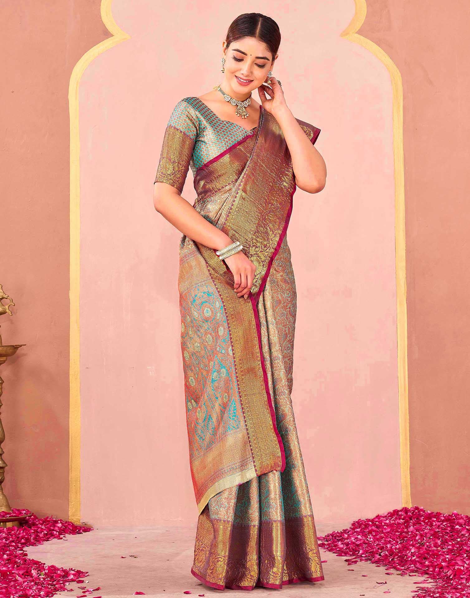 Turquoise Blue Silk Woven Kanjivaram Saree