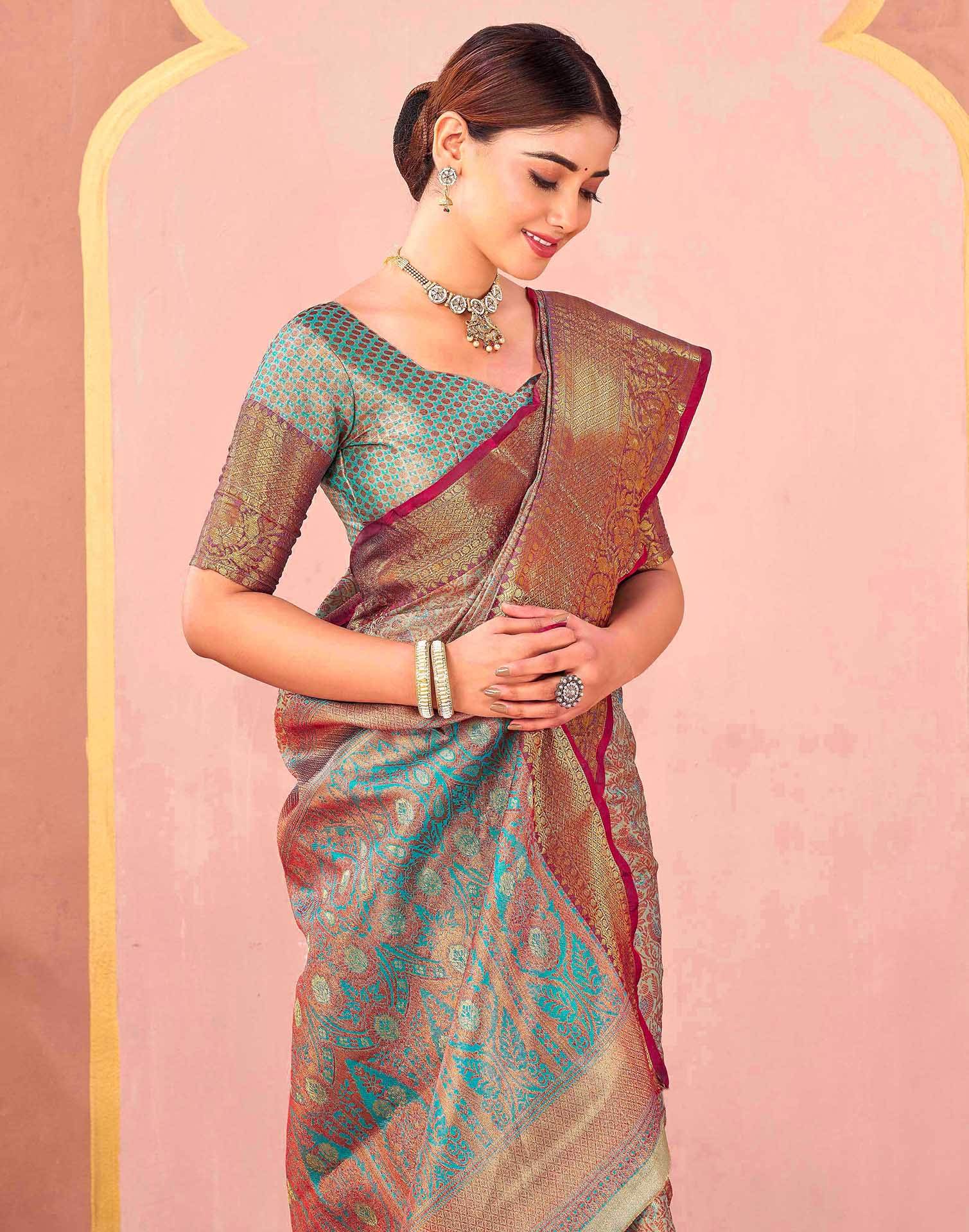 Turquoise Blue Silk Woven Kanjivaram Saree