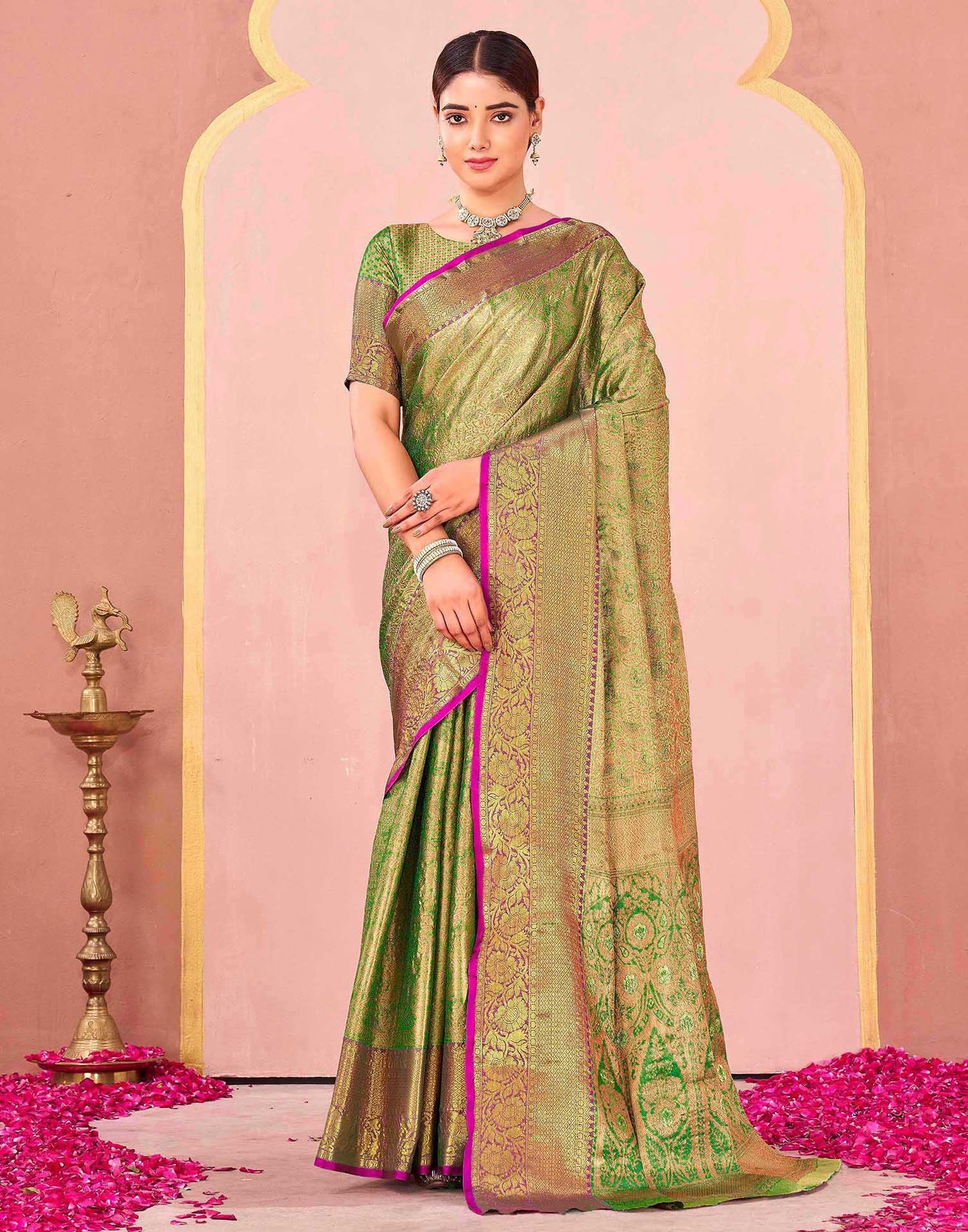 Parrot Green Silk Woven Kanjivaram Saree