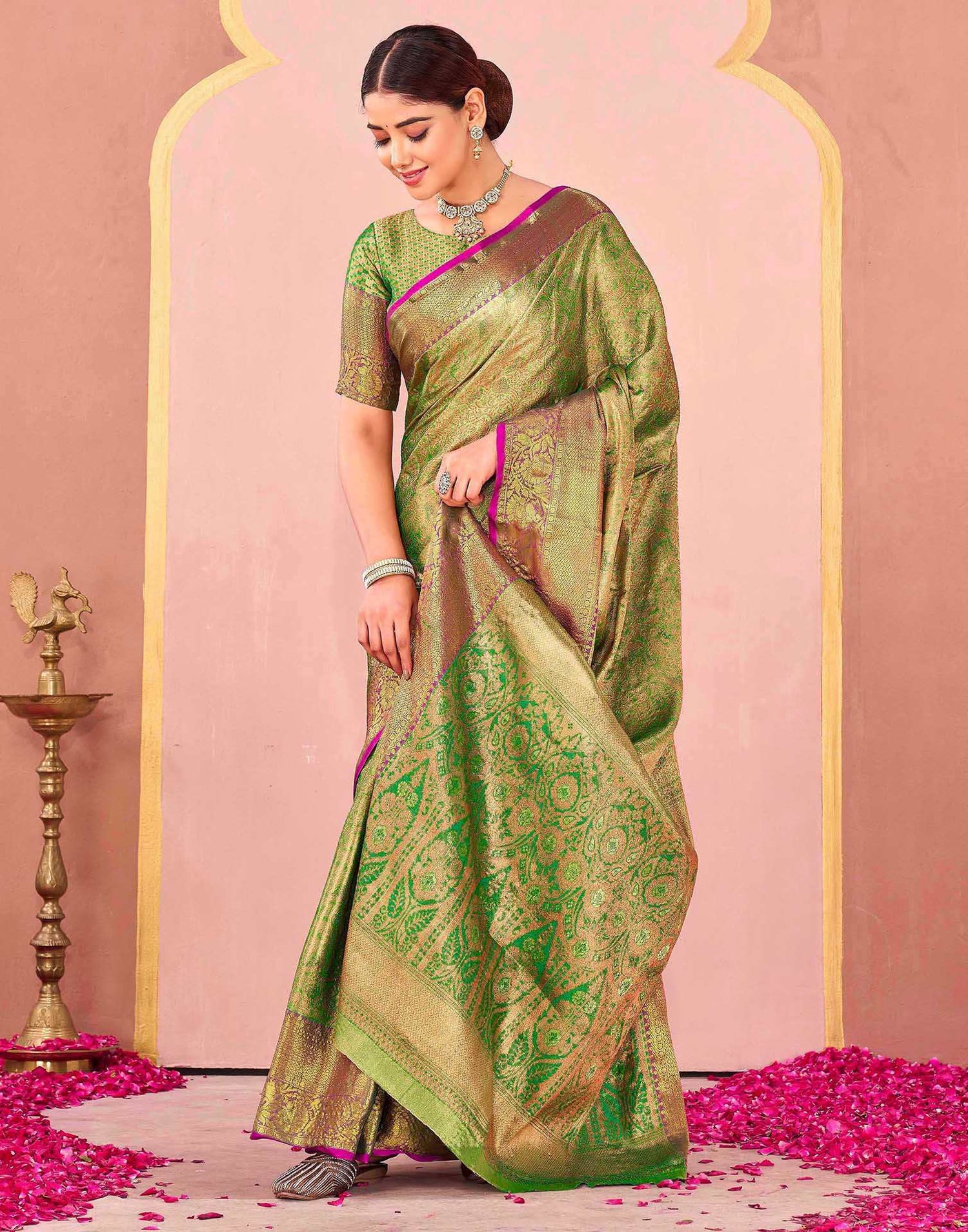 Parrot Green Silk Woven Kanjivaram Saree
