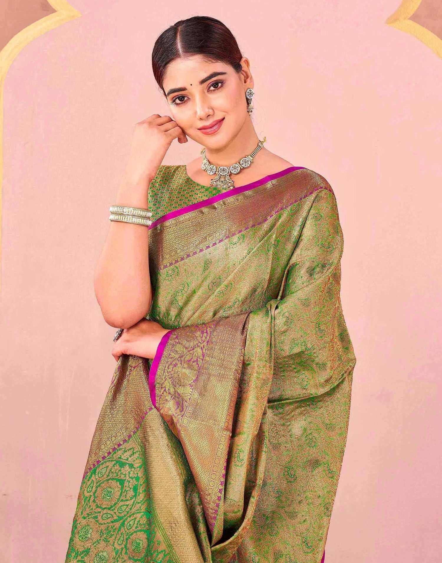 Parrot Green Silk Woven Kanjivaram Saree