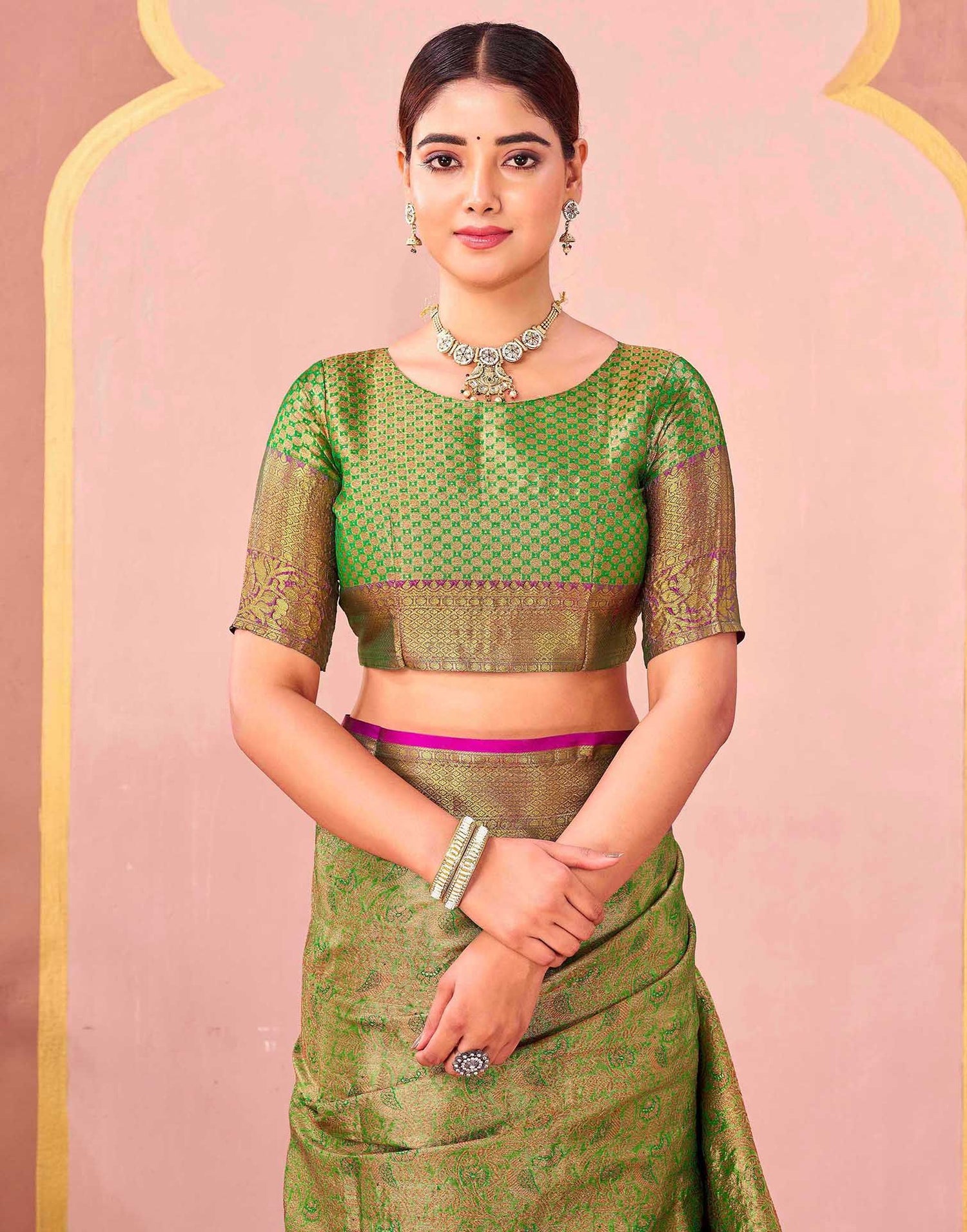 Parrot Green Silk Woven Kanjivaram Saree