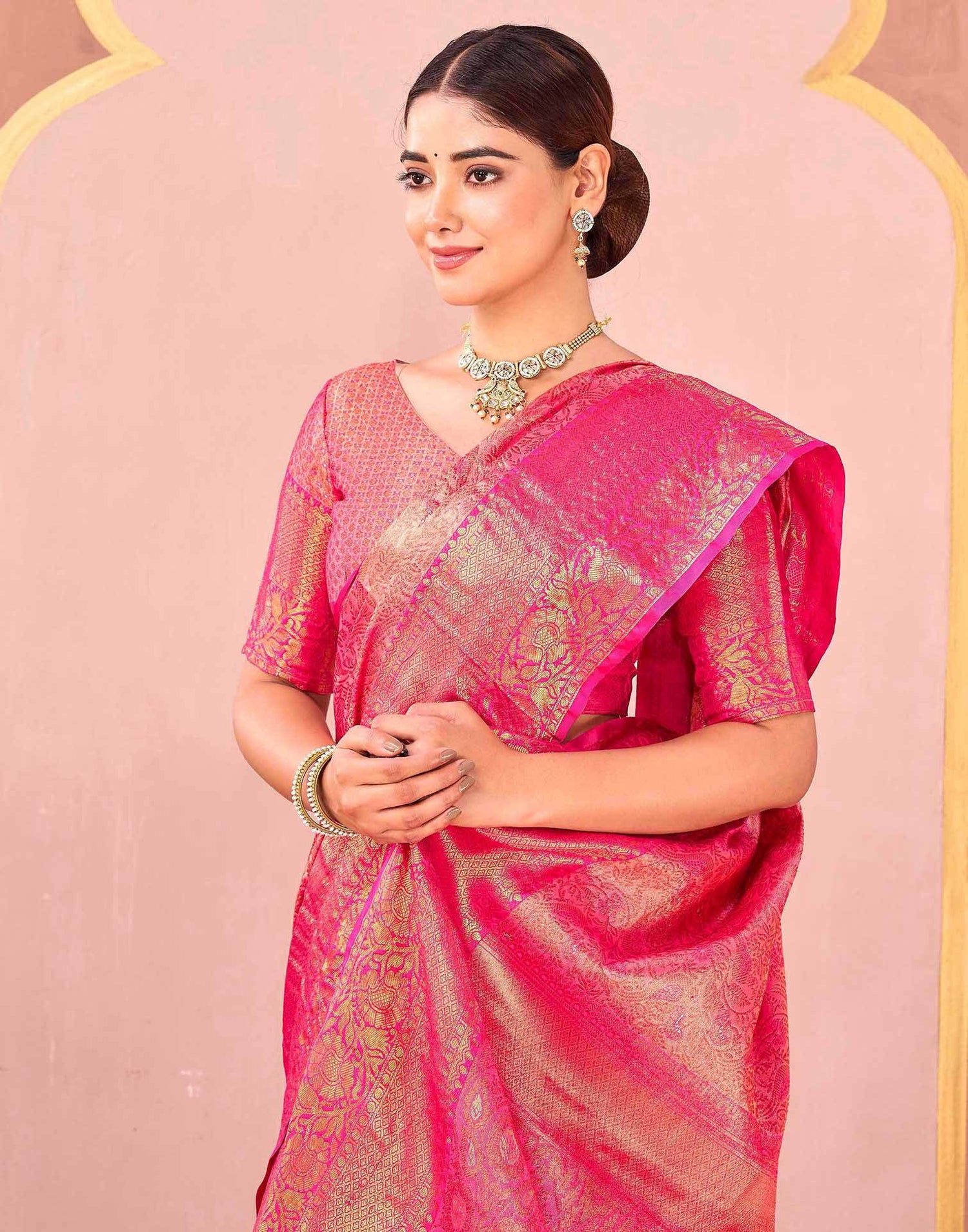 Rani Pink Silk Woven Kanjivaram Saree