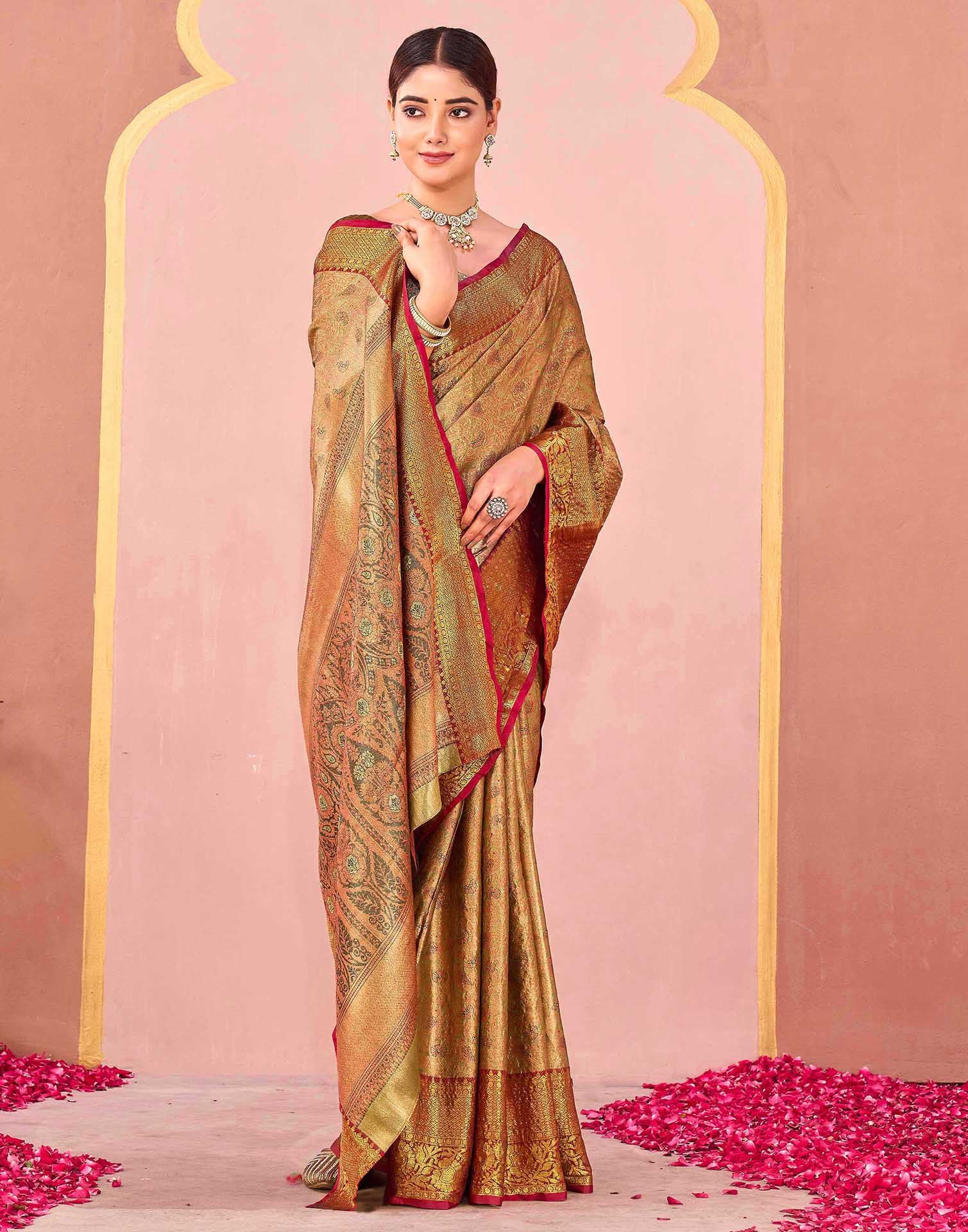 Olive Green Silk Woven Kanjivaram Saree