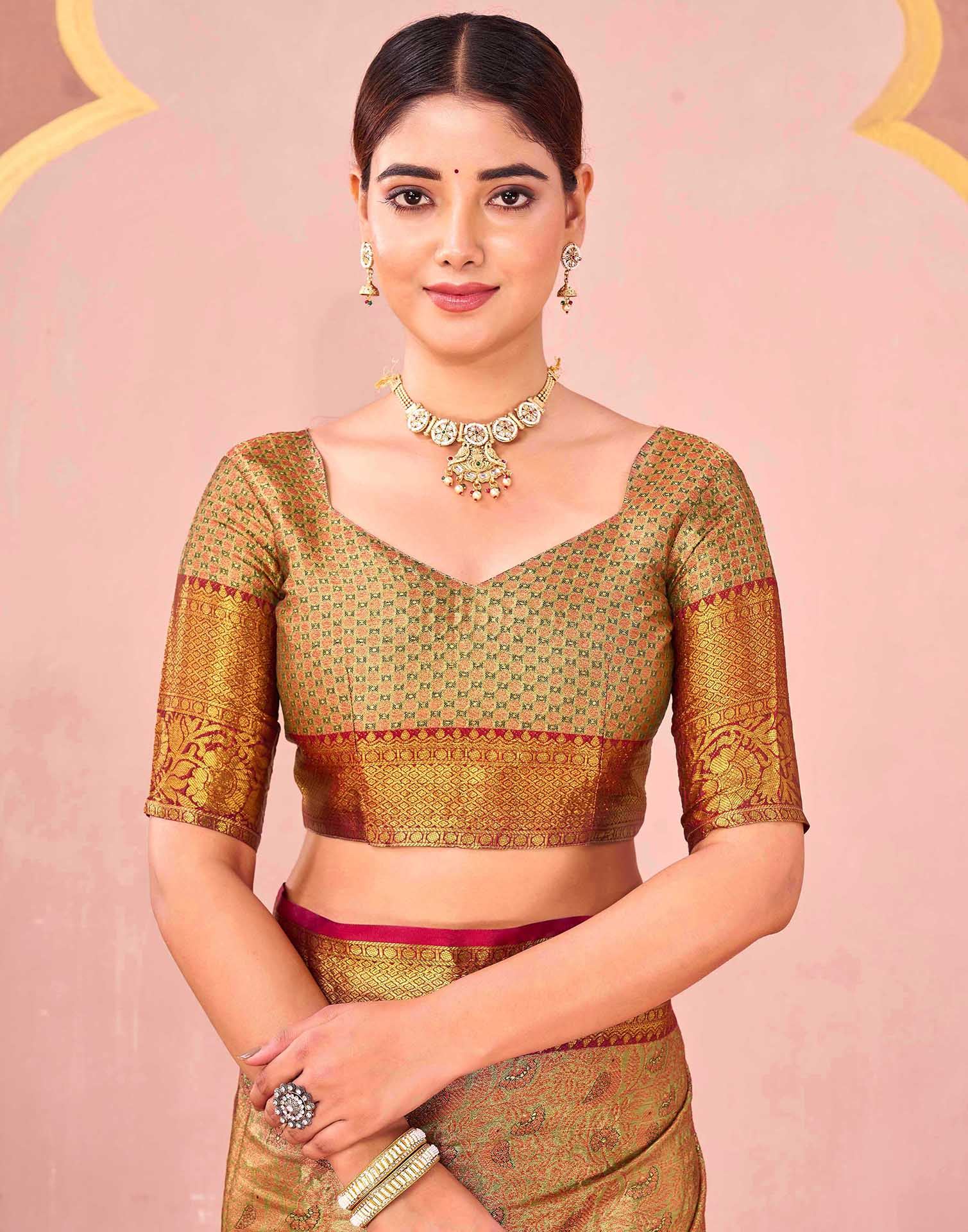 Olive Green Silk Woven Kanjivaram Saree