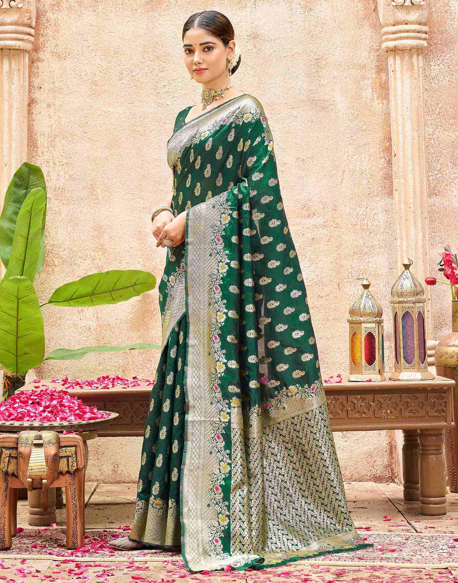 Bottle Green Silk Woven Banarasi Saree