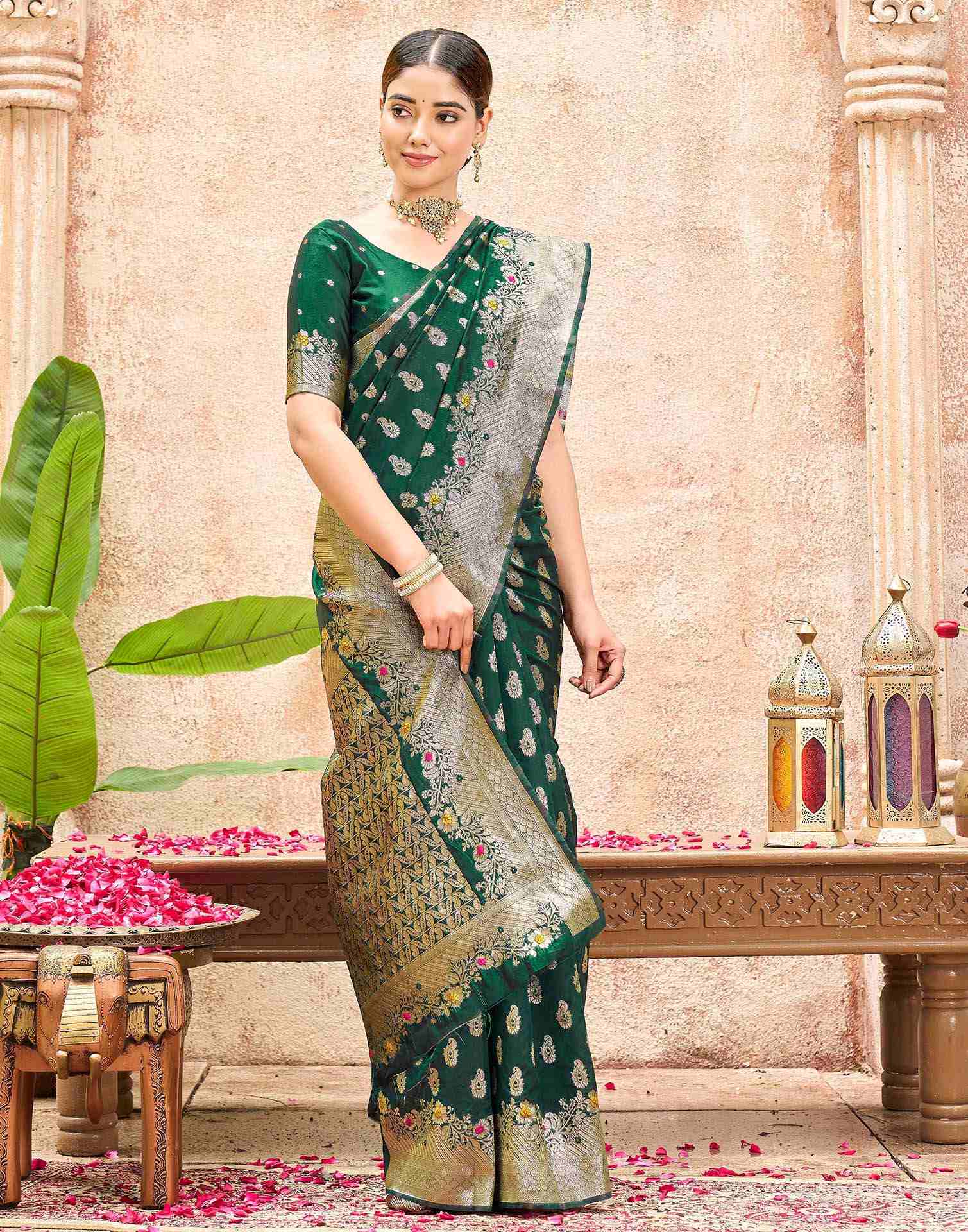 Bottle Green Silk Woven Banarasi Saree