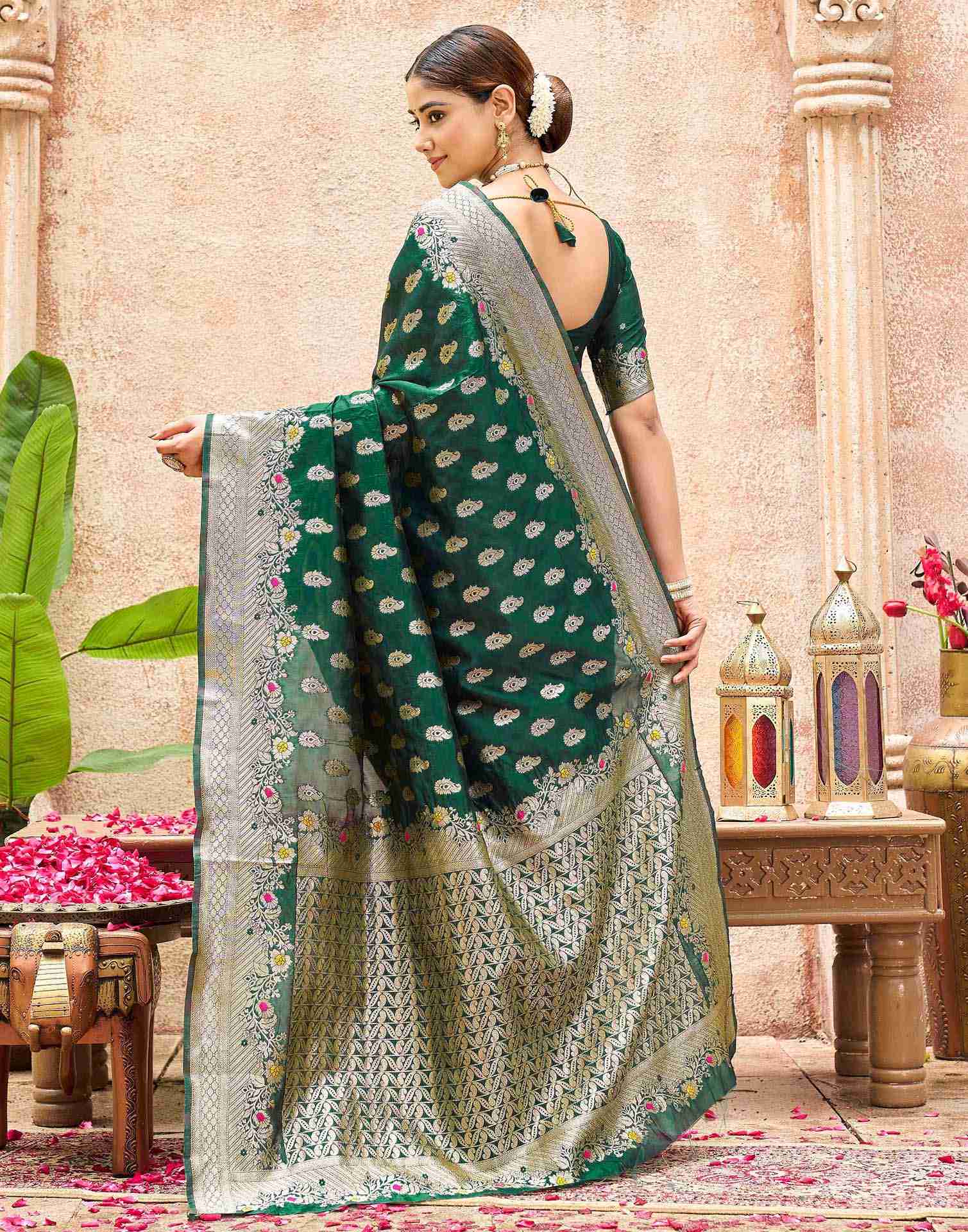 Bottle Green Silk Woven Banarasi Saree
