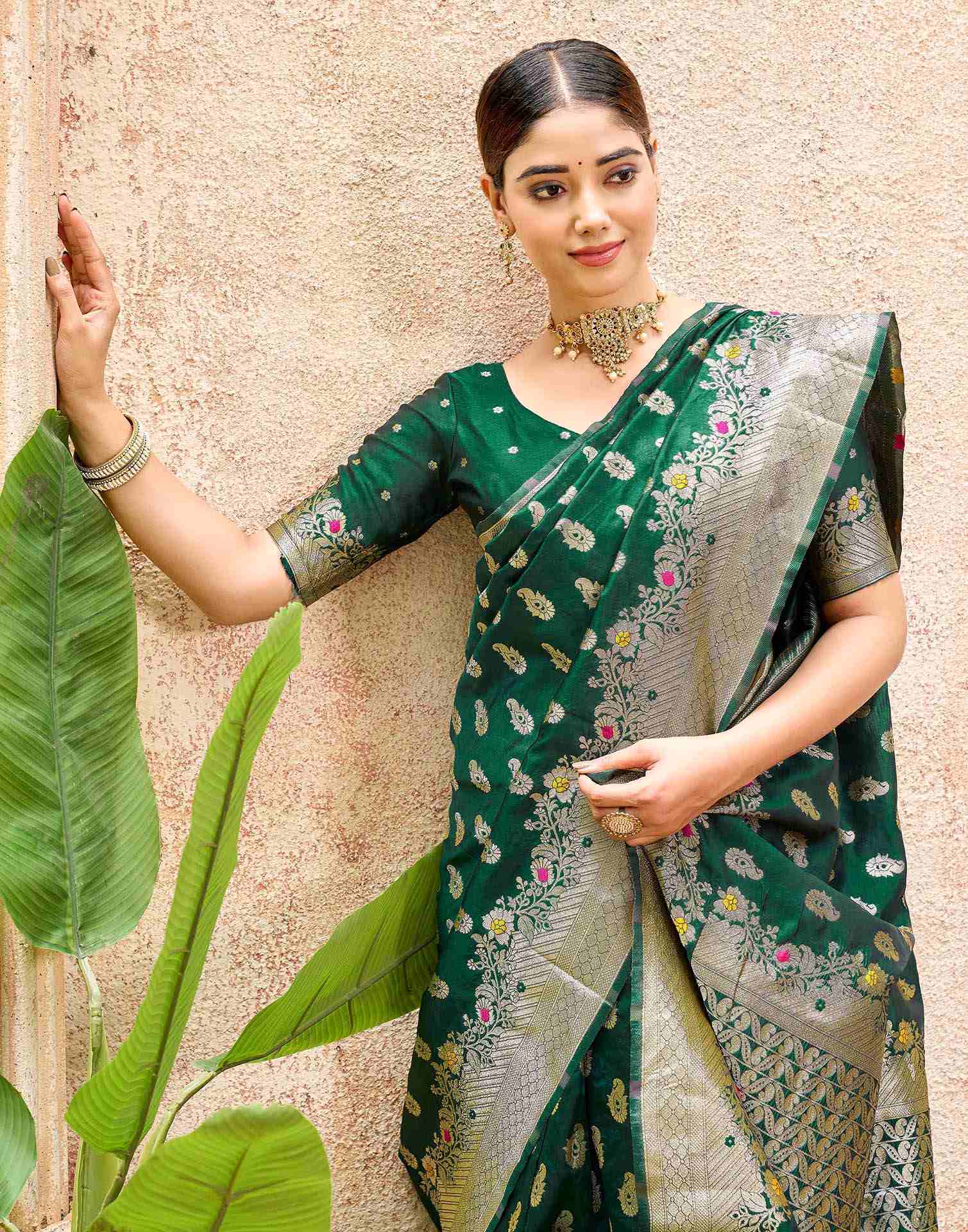 Bottle Green Silk Woven Banarasi Saree