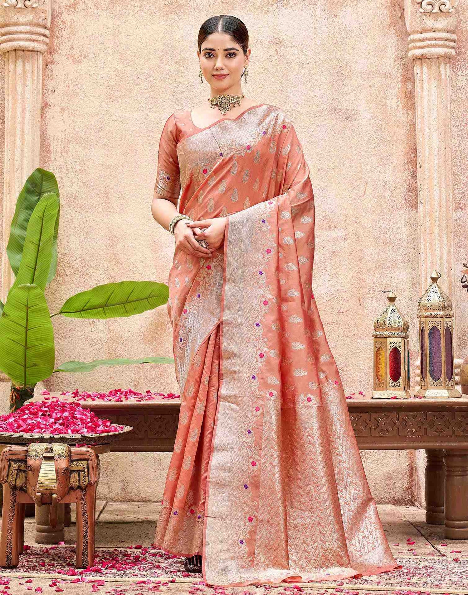 Peach Silk Woven Banarasi Saree