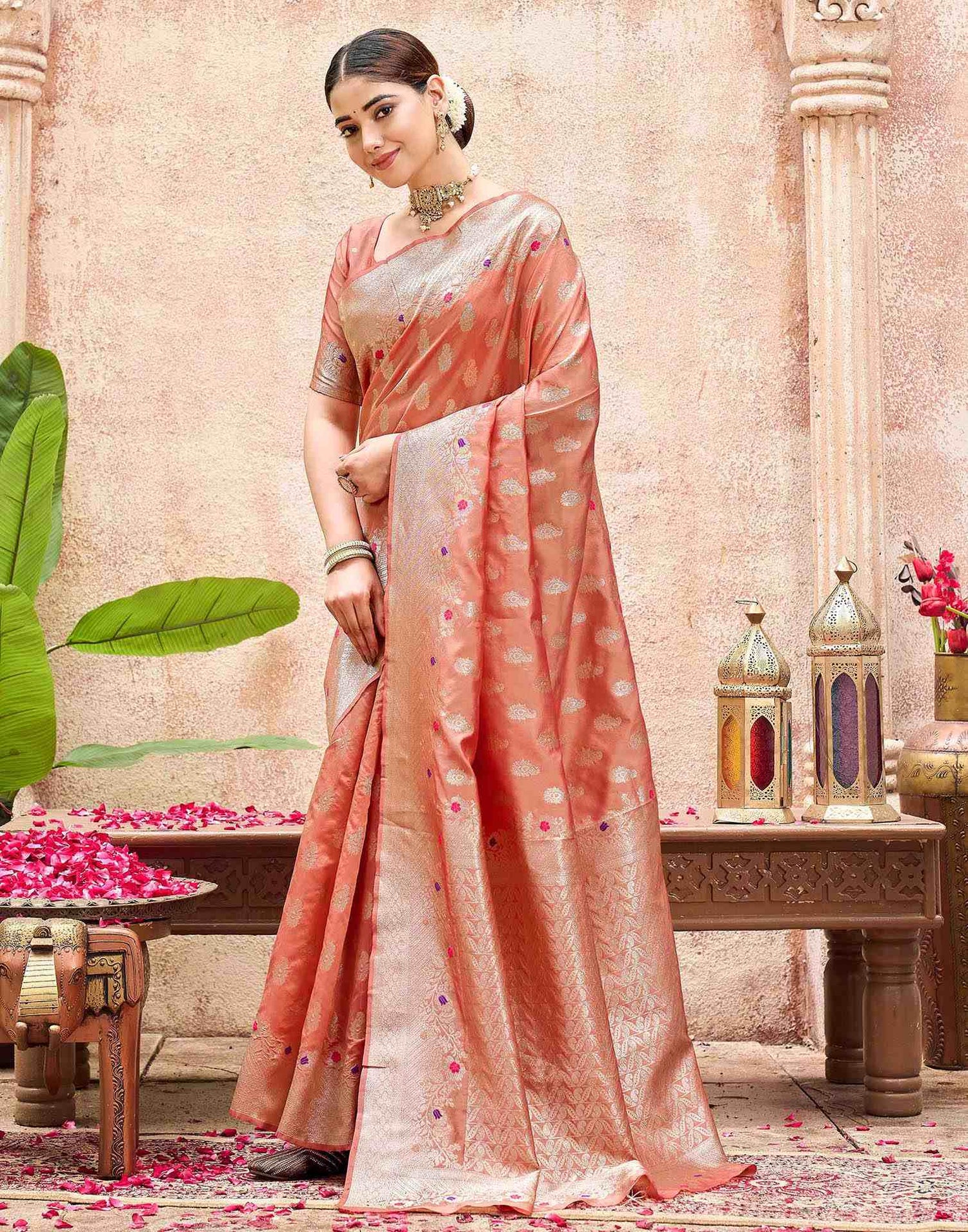 Peach Silk Woven Banarasi Saree