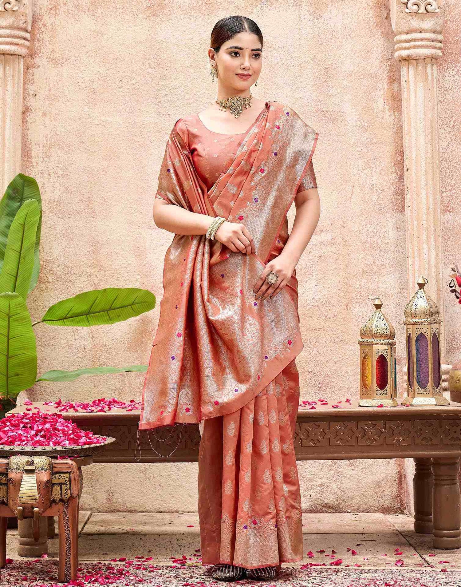 Peach Silk Woven Banarasi Saree
