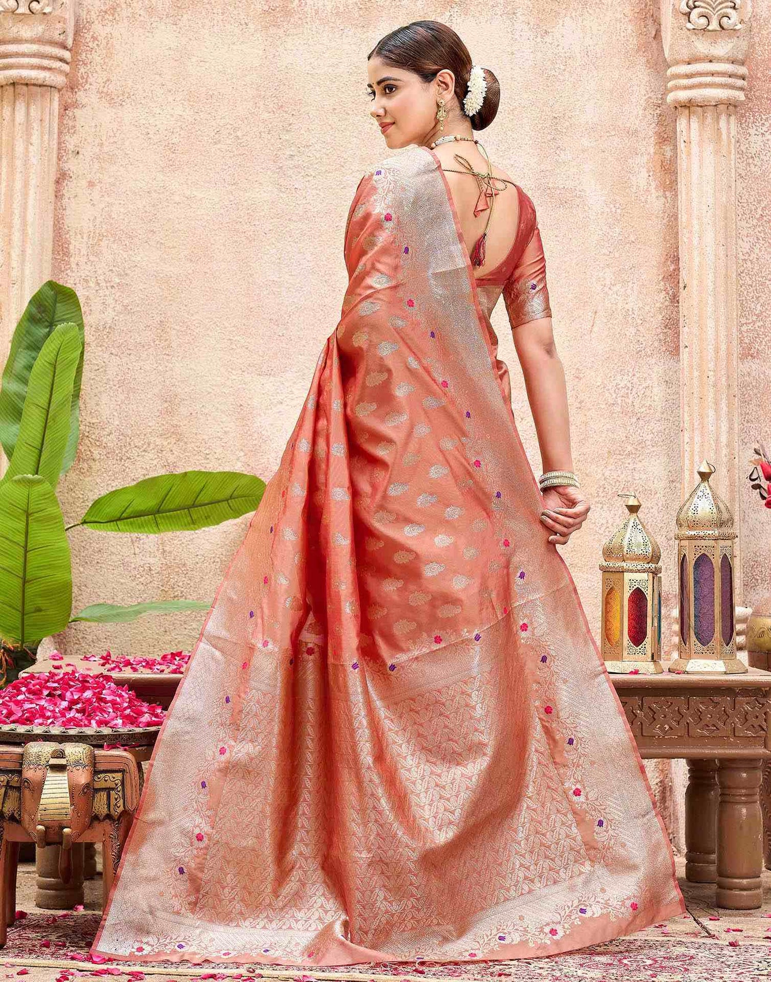 Peach Silk Woven Banarasi Saree