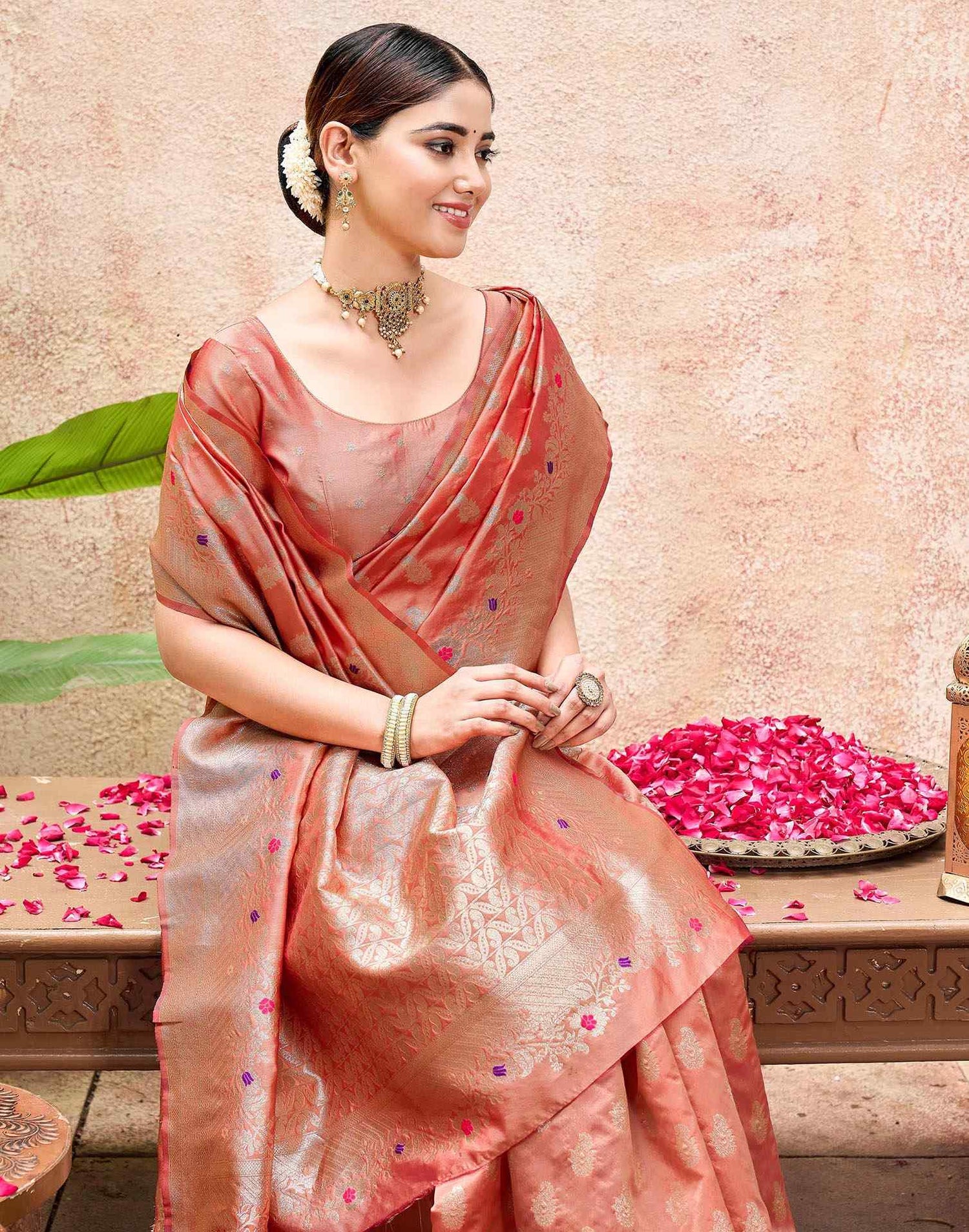 Peach Silk Woven Banarasi Saree