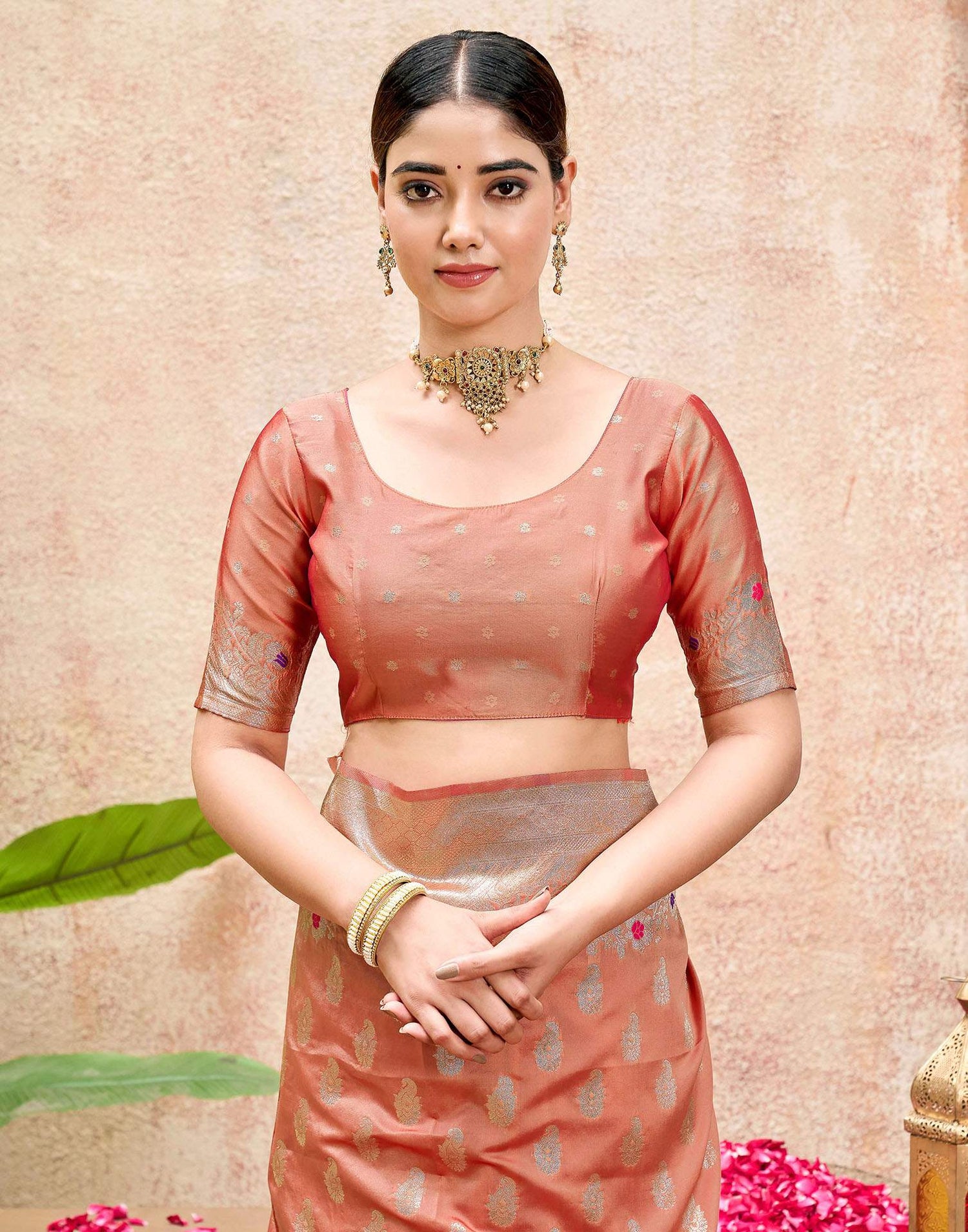 Peach Silk Woven Banarasi Saree