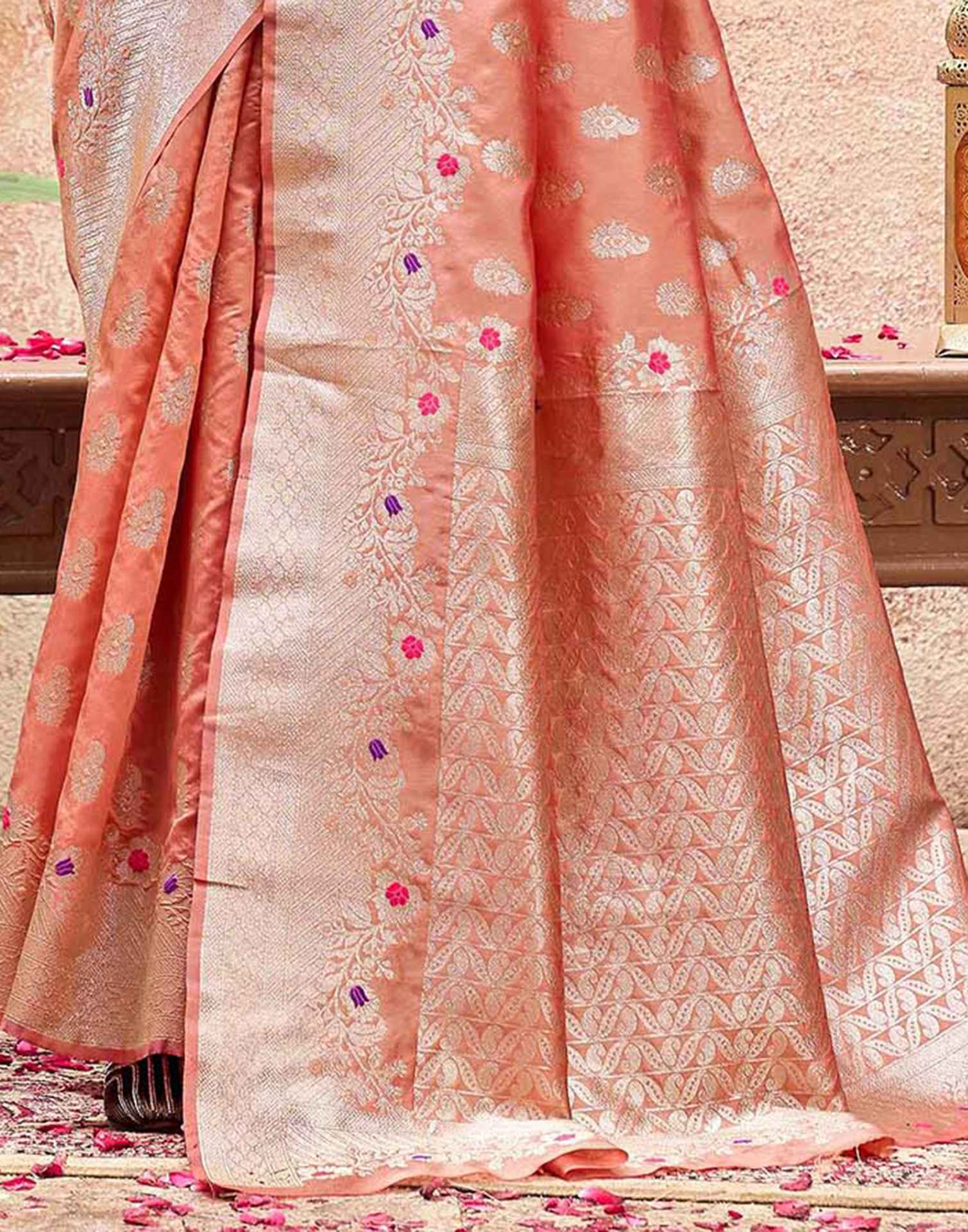 Peach Silk Woven Banarasi Saree