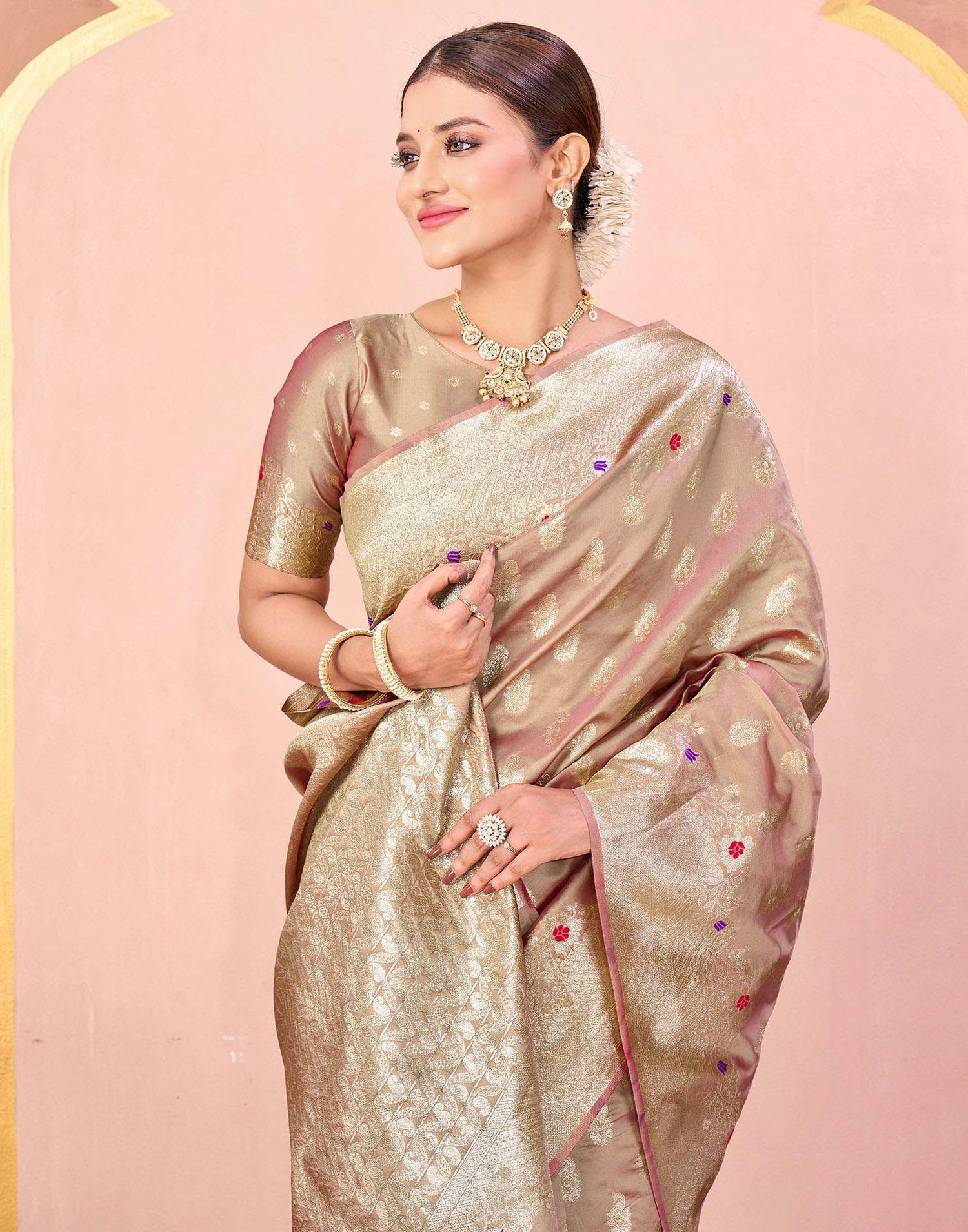 Dark Beige Silk Woven Banarasi Saree
