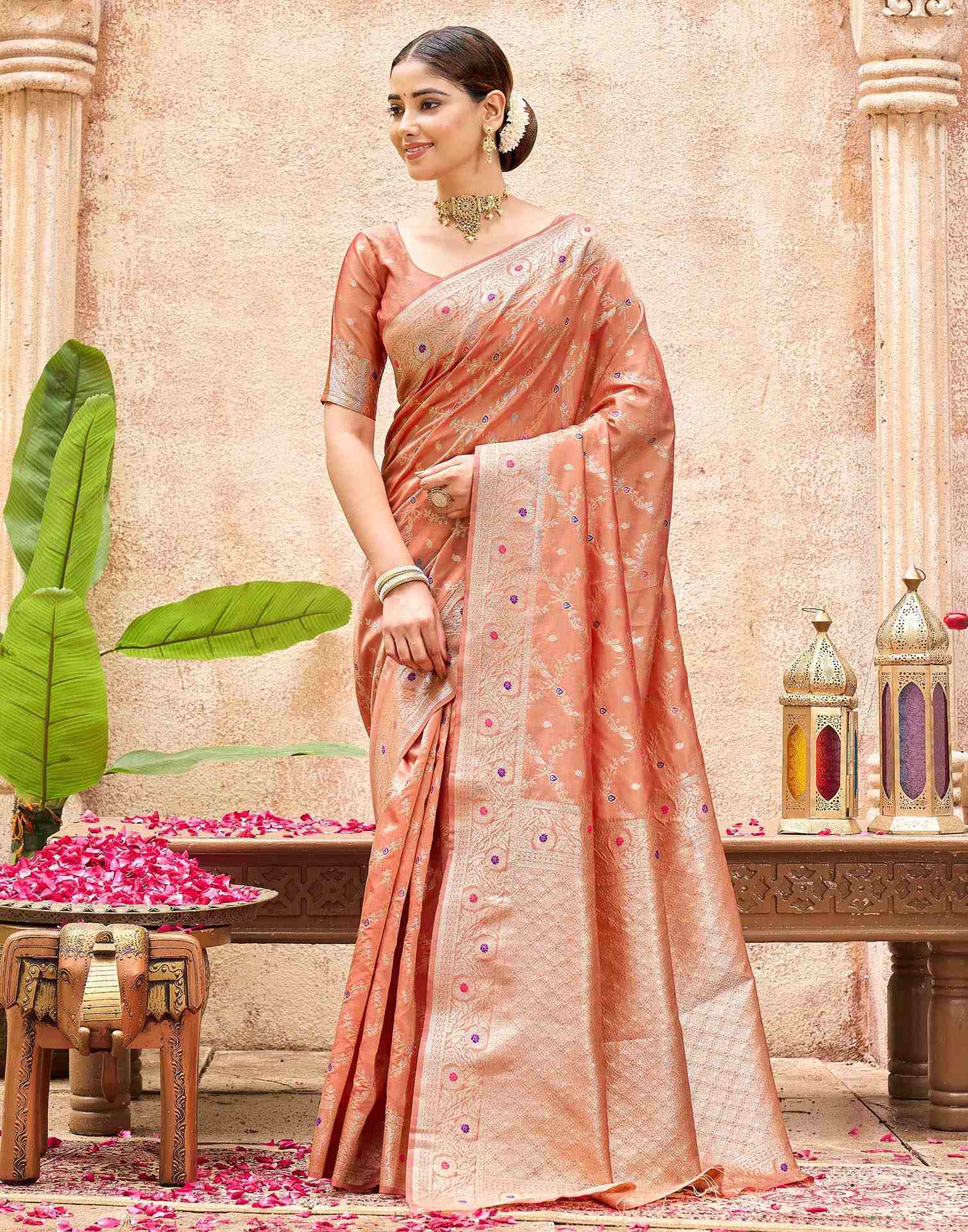 Peach Silk Woven Saree