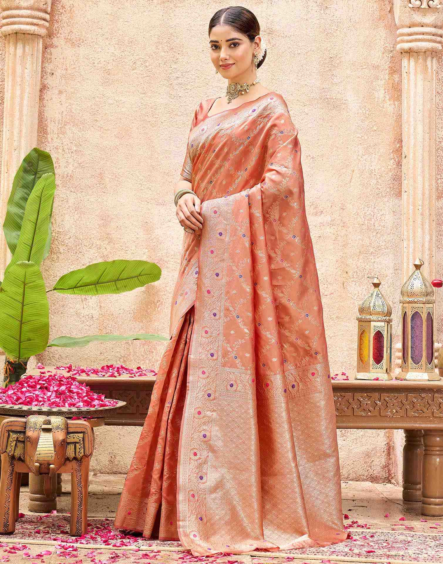 Peach Silk Woven Saree