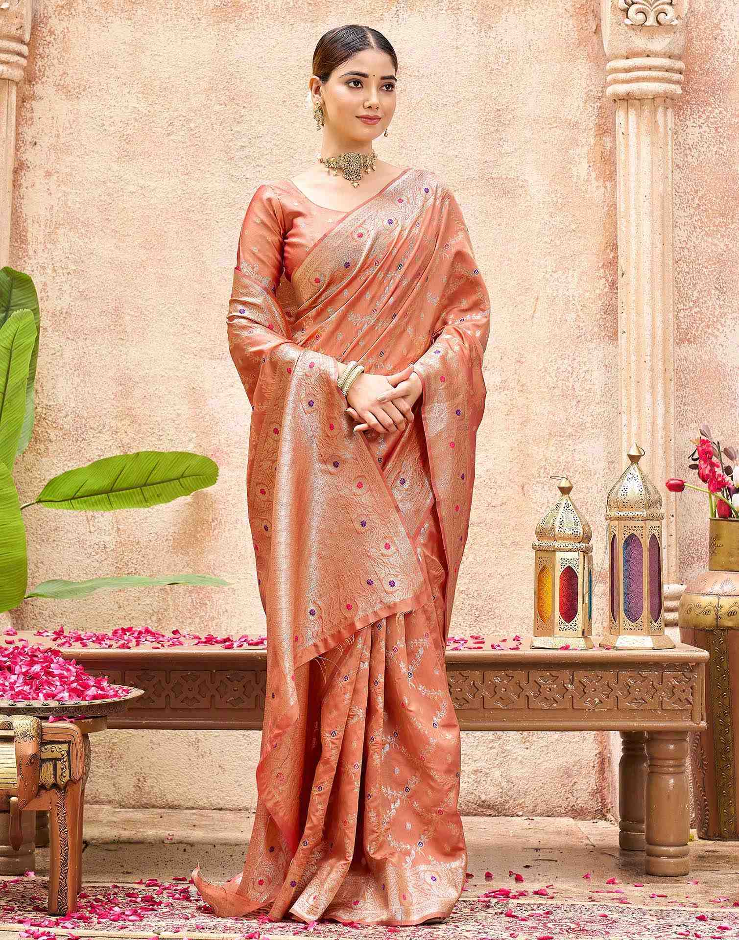 Peach Silk Woven Saree