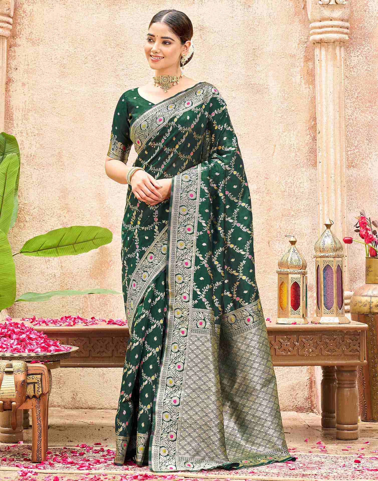 Bottle Green Silk Woven Saree