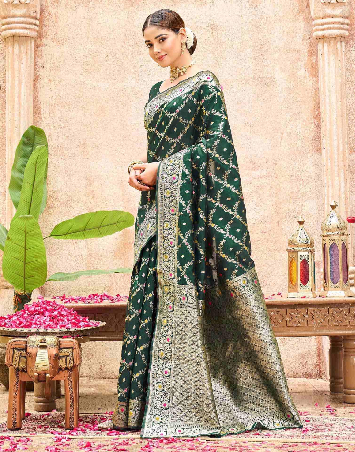 Bottle Green Silk Woven Saree