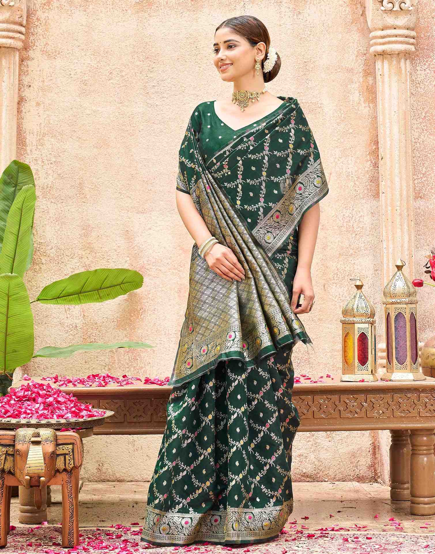 Bottle Green Silk Woven Saree