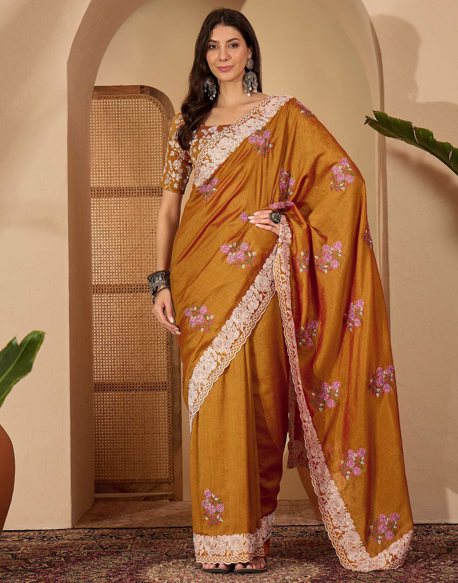 Brown Silk Embroidery Saree