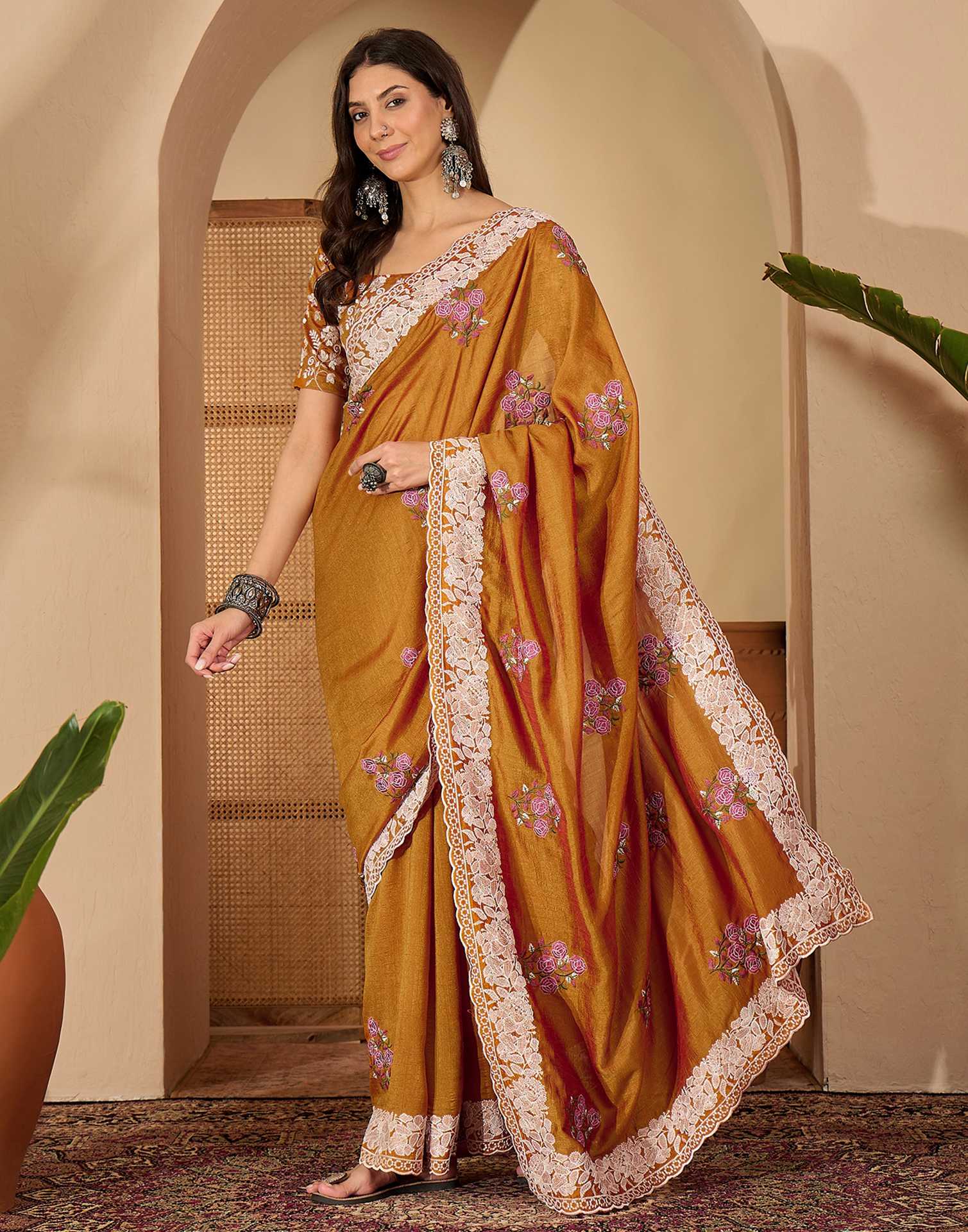 Brown Silk Embroidery Saree
