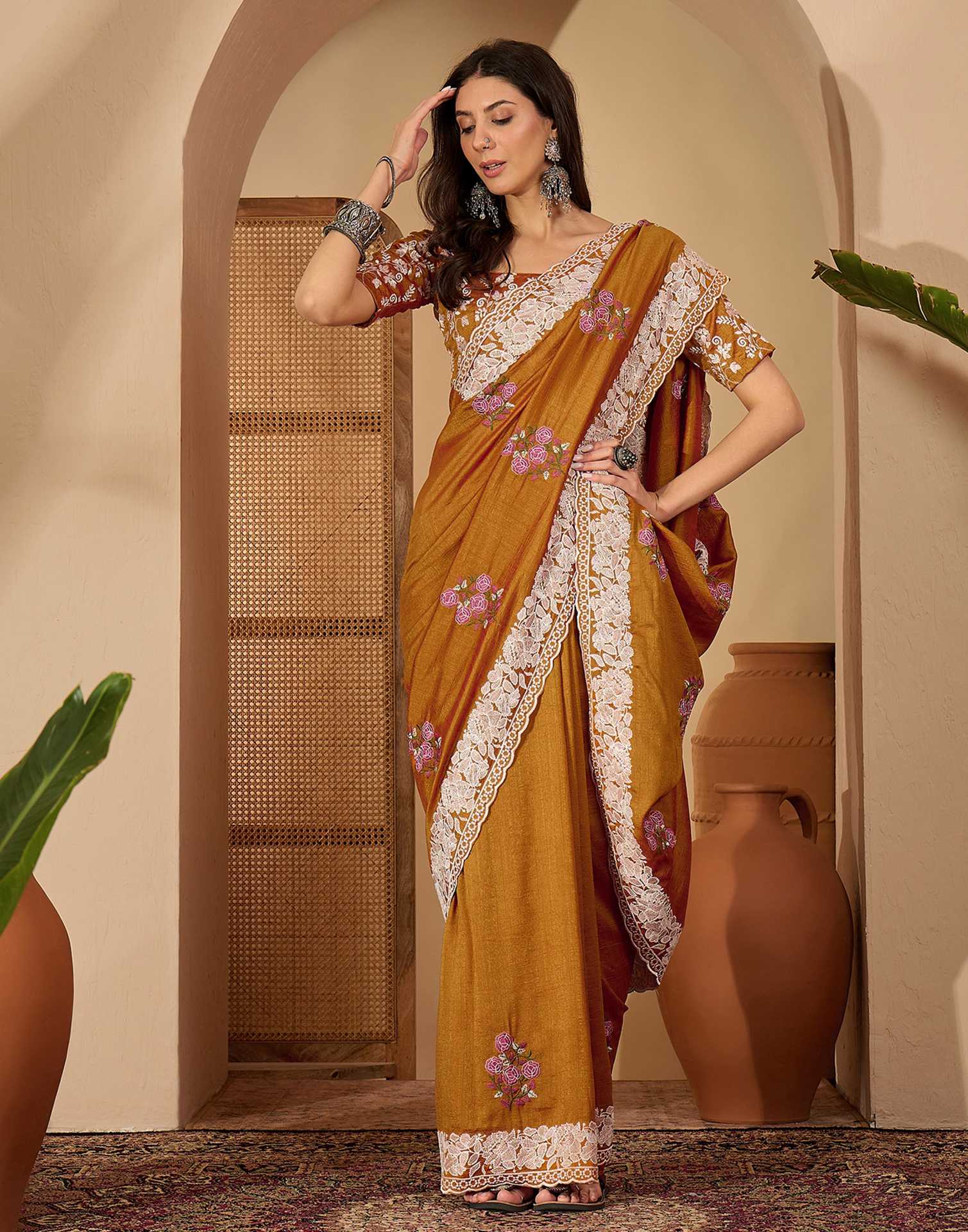 Brown Silk Embroidery Saree