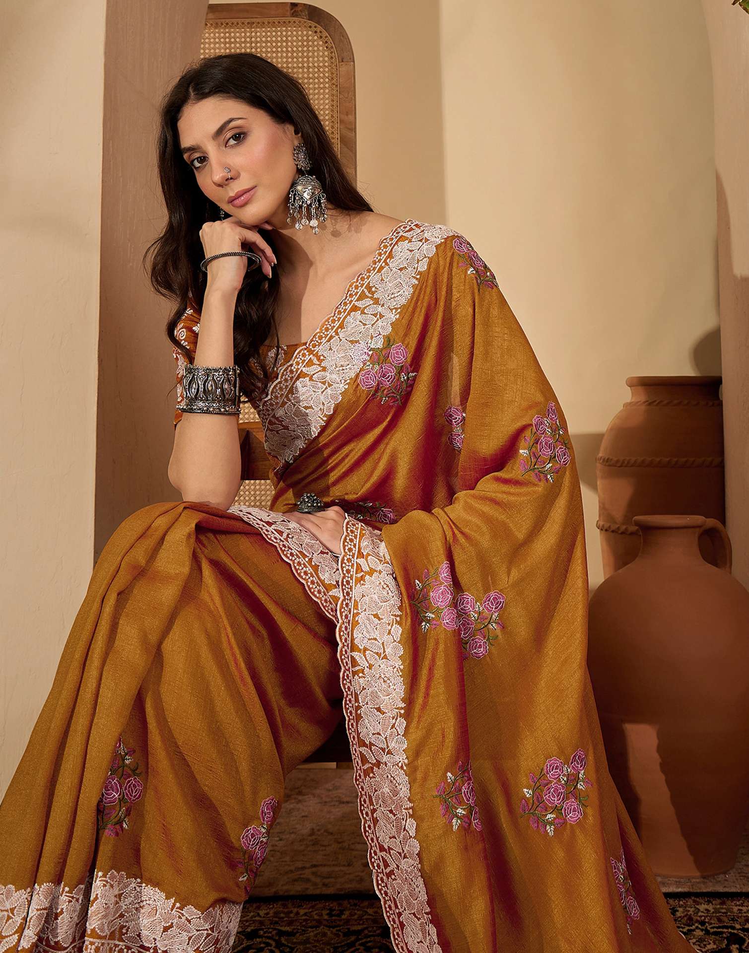 Brown Silk Embroidery Saree