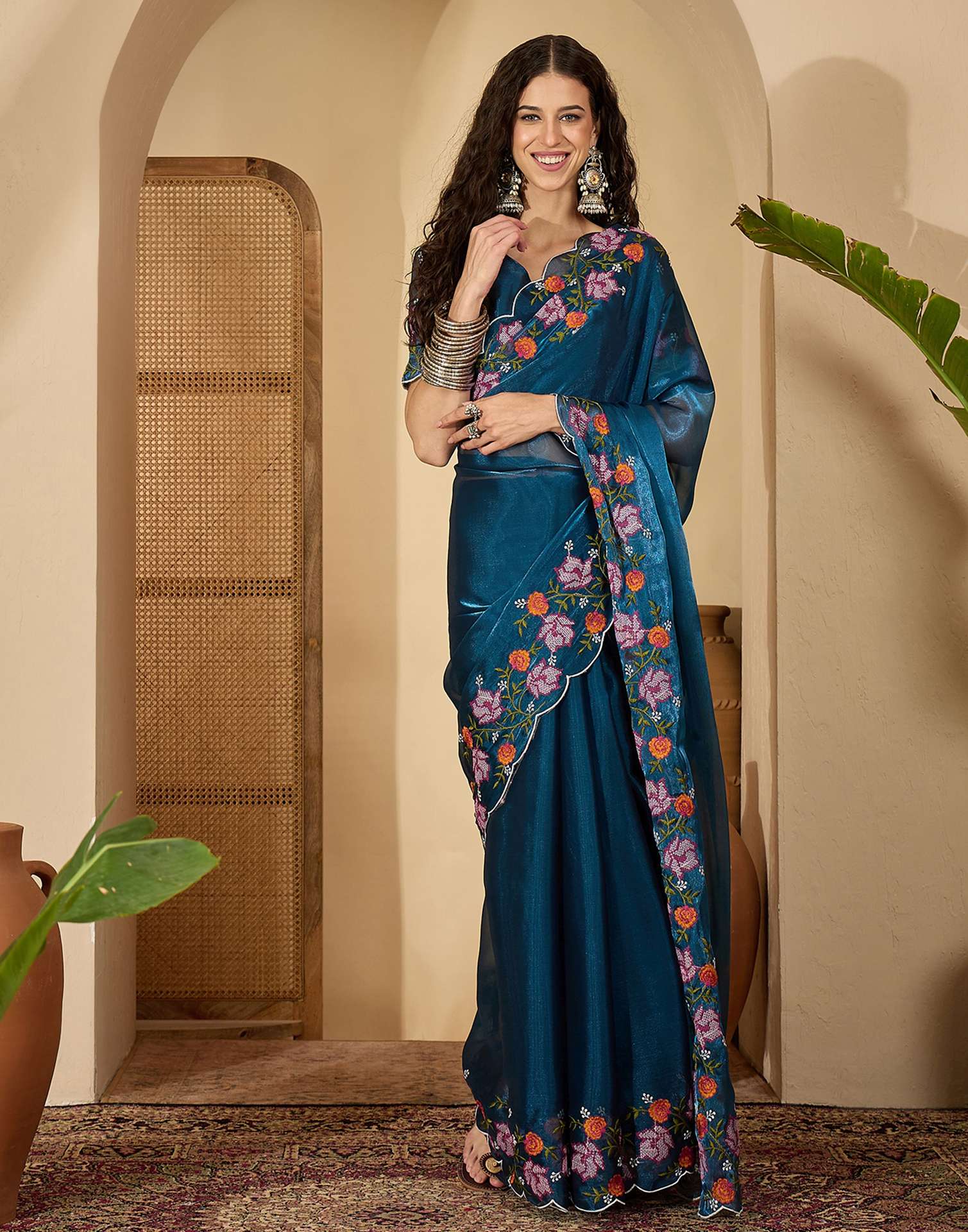 Peacock Blue Shimmer Embroidery Saree