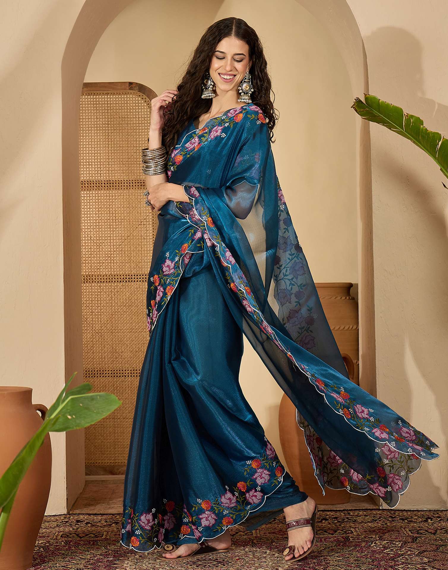 Peacock Blue Shimmer Embroidery Saree