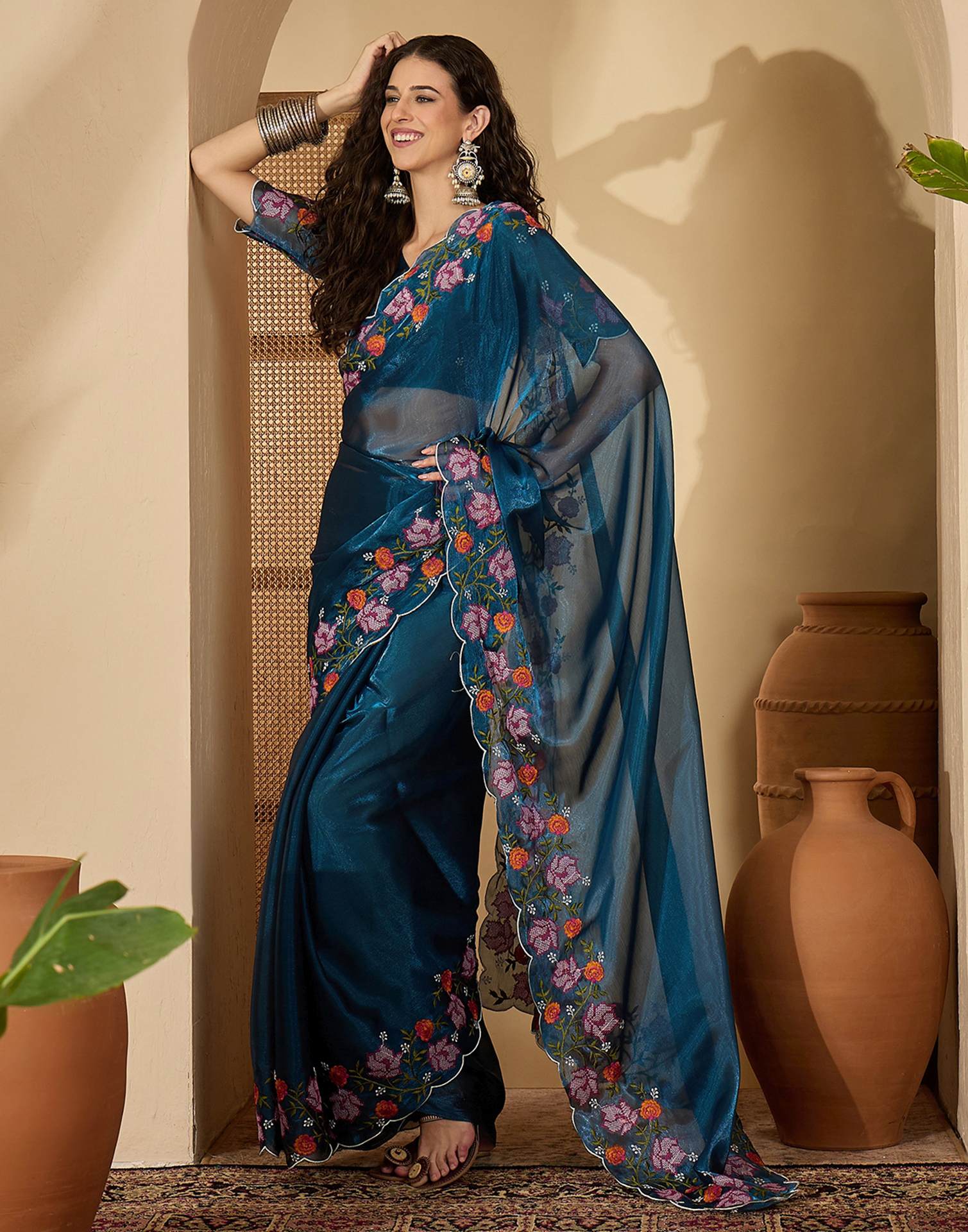 Peacock Blue Shimmer Embroidery Saree